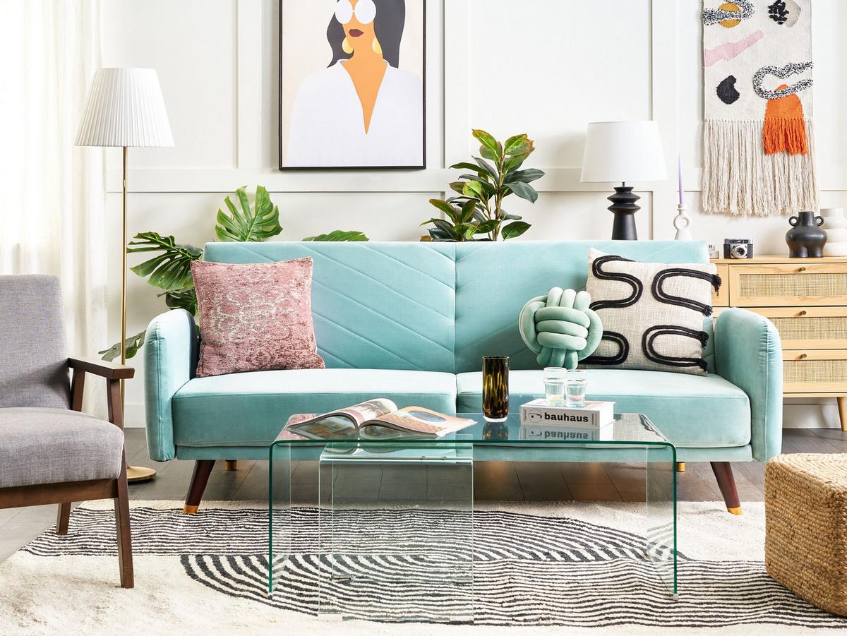 3-SITZER-SCHLAFSOFA Samtstoff Hellblau Senja - Hellblau, Textil (200/87/95cm) - Beliani