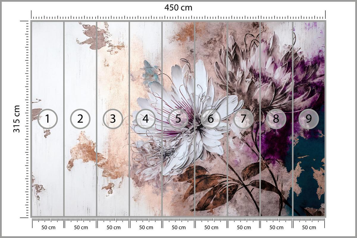 FOTOTAPETE für Wohnzimmer Blumen Blätter Abstraktion 450x315 - Beige/Violett, Papier (450/315cm) - Muralo