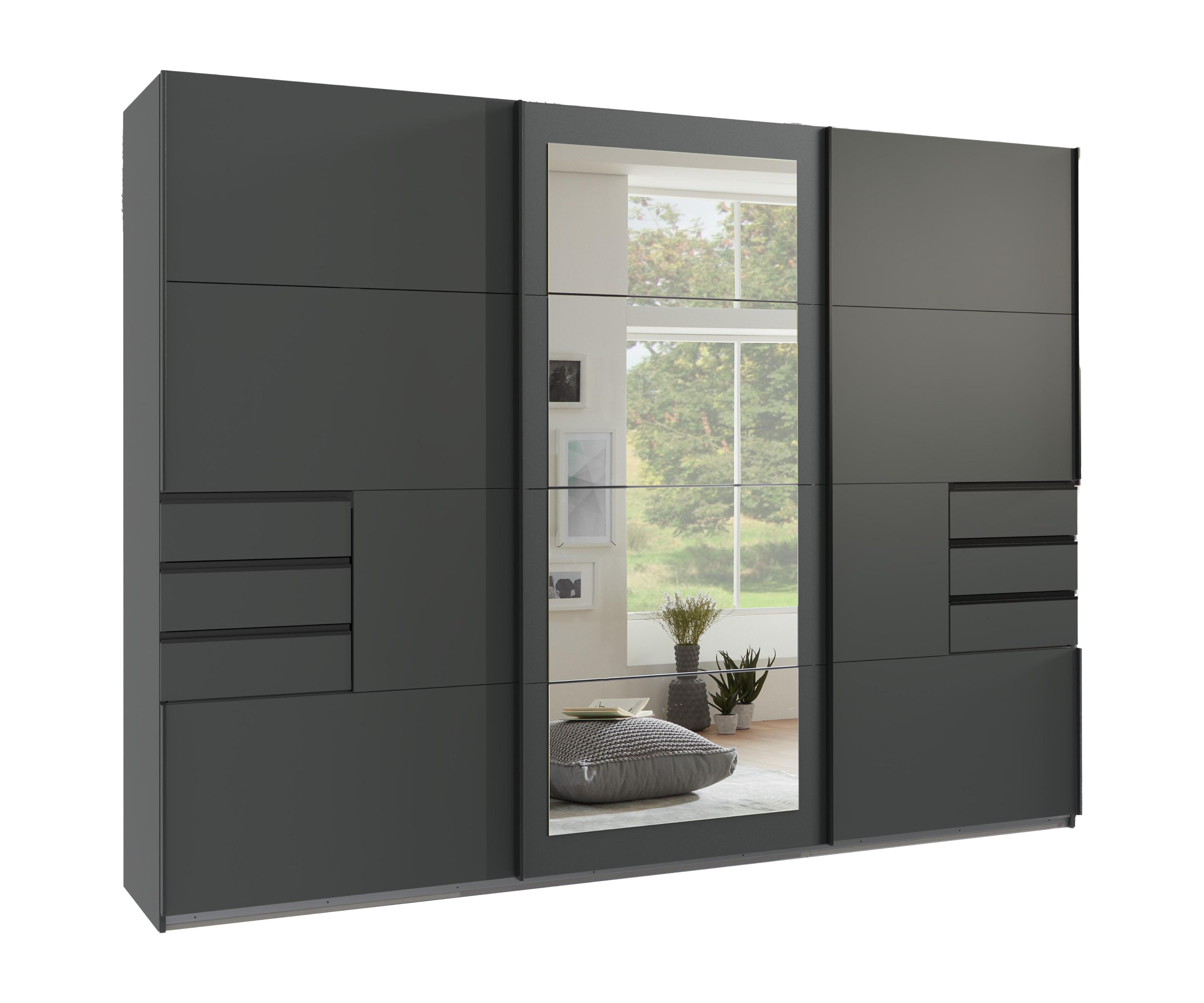 SCHWEBETÜRENSCHRANK 3-türig B270/H208/64 cm in Grafit, mit Spiegel & Schubladen, Kleiderschrank inkl. Vollausstattung / 22501 - Blau/Graphitfarben, Holzwerkstoff/Metall (270/208/64cm) - luma-home