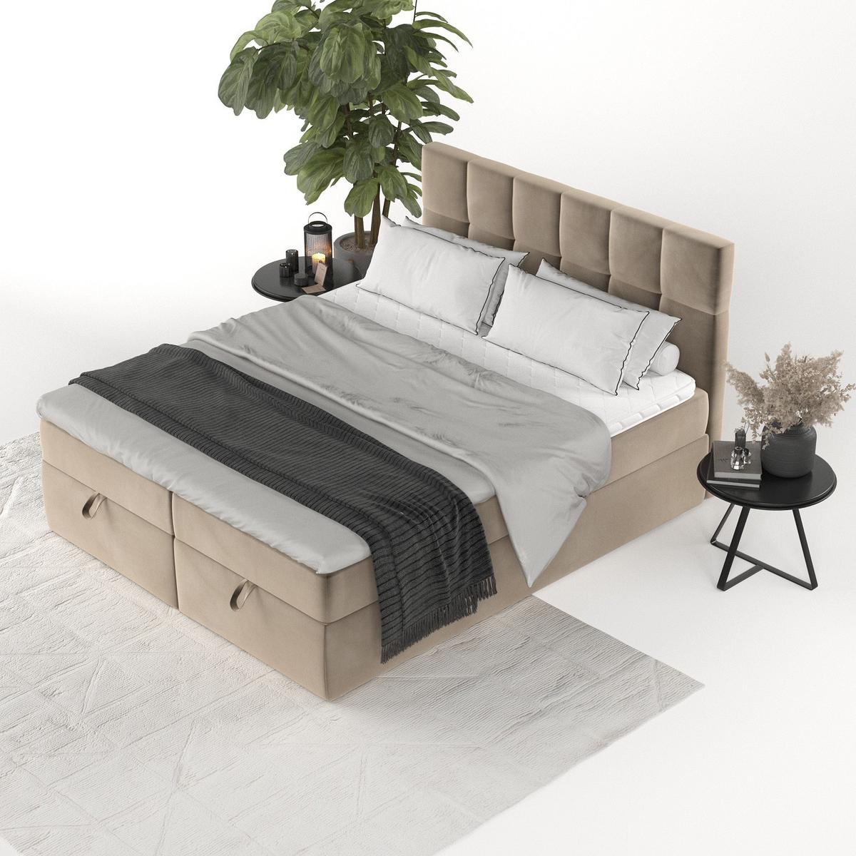 BOXBETT Savio 140/200 cm Taupe im Paros Stoff - Taupe/Schwarz, Holz/Holzwerkstoff (140/200cm) - AltaBeds