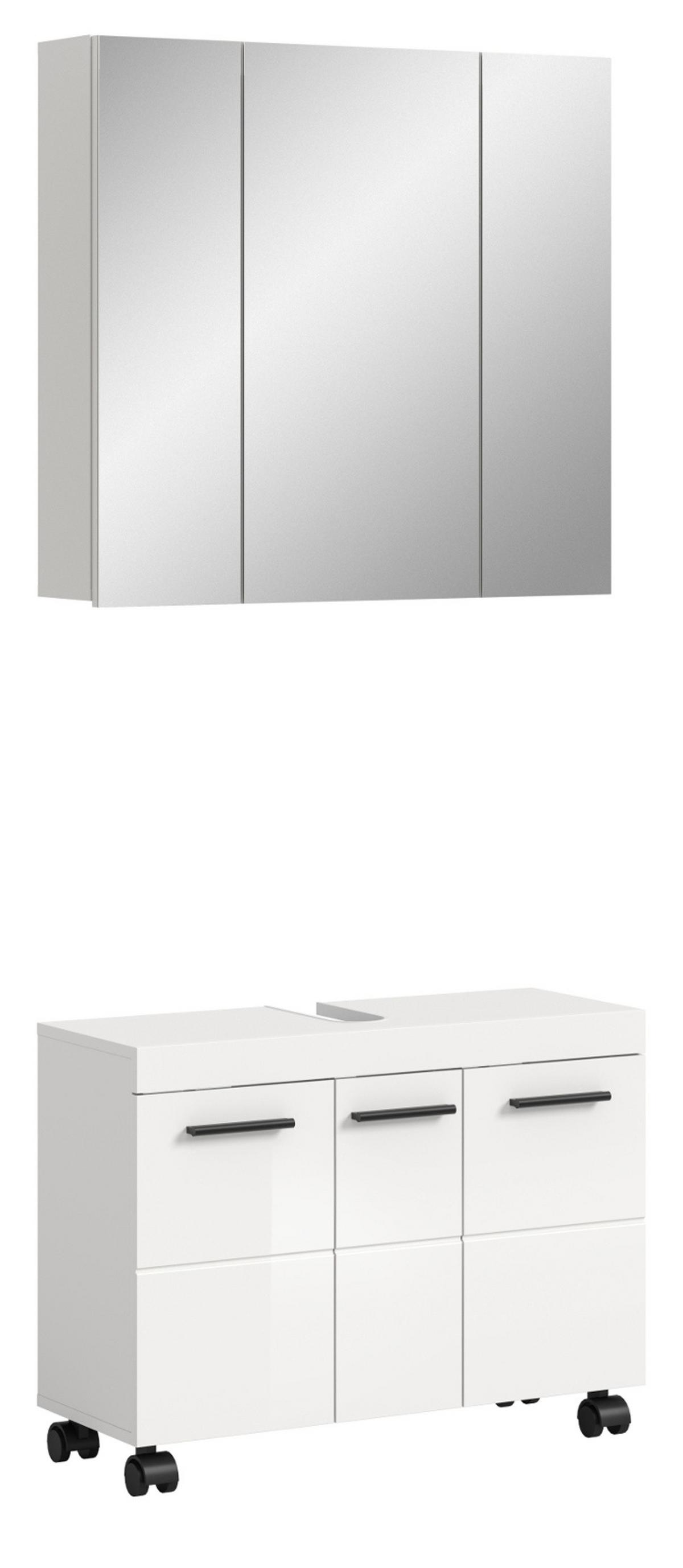 BADMÖBEL-SET weiß Hochglanz 2-teilig 82 cm, Badkombination auf Rollen - Weiß Hochglanz/Schwarz, Glas/Holzwerkstoff (82/191/30cm) - Inn.Furn