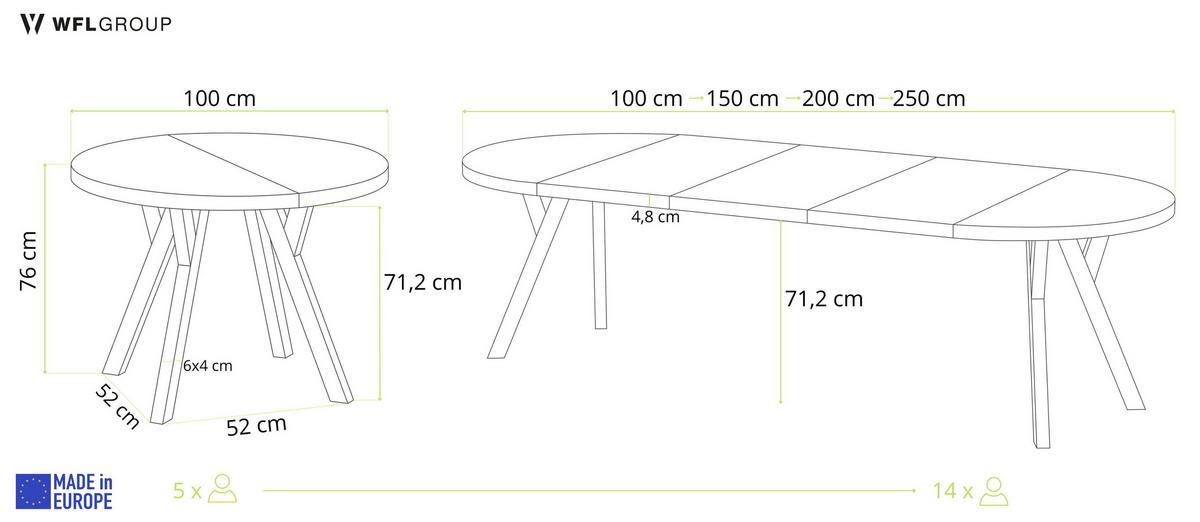 ESSTISCH Twixy XXL groß rund oval ausziehbar, Grauer Beton 100-250/100/76 cm - Hellgrau/Schwarz, Holz/Holzwerkstoff (100/250/76cm) - WFL GROUP