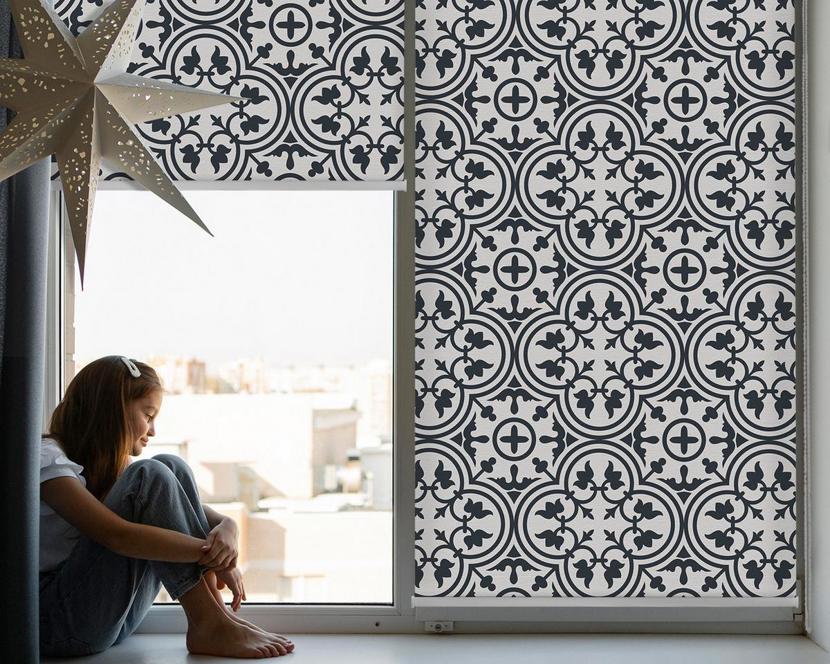 INNENROLLO - Fensterrollo - Rollo - 120x140 cm - Portugiesische Fliesen - Schwarz, Kunststoff (120/140/0.5cm) - TULUP