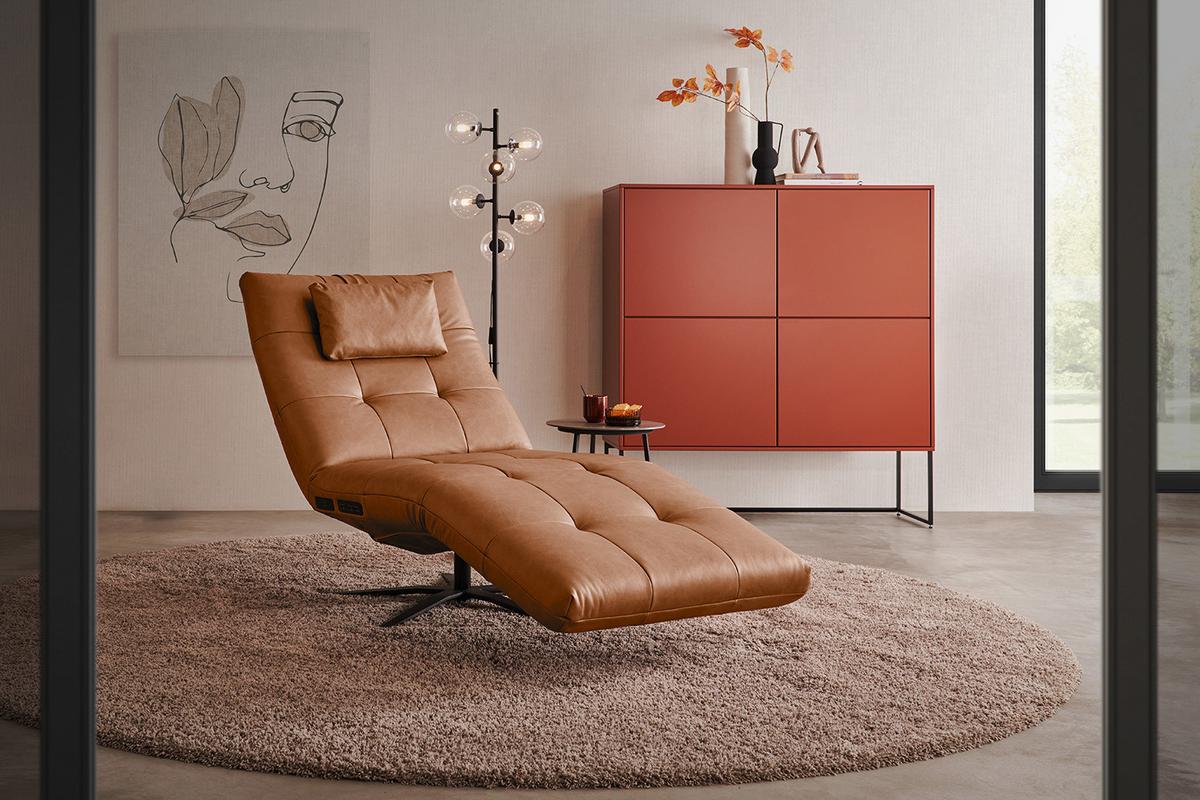 RELAXLIEGE LETICIA Braun Leder Drehbar (360°), Relaxfunktion - Schwarz/Braun, Leder/Metall (82/115/156cm) - KAWOLA