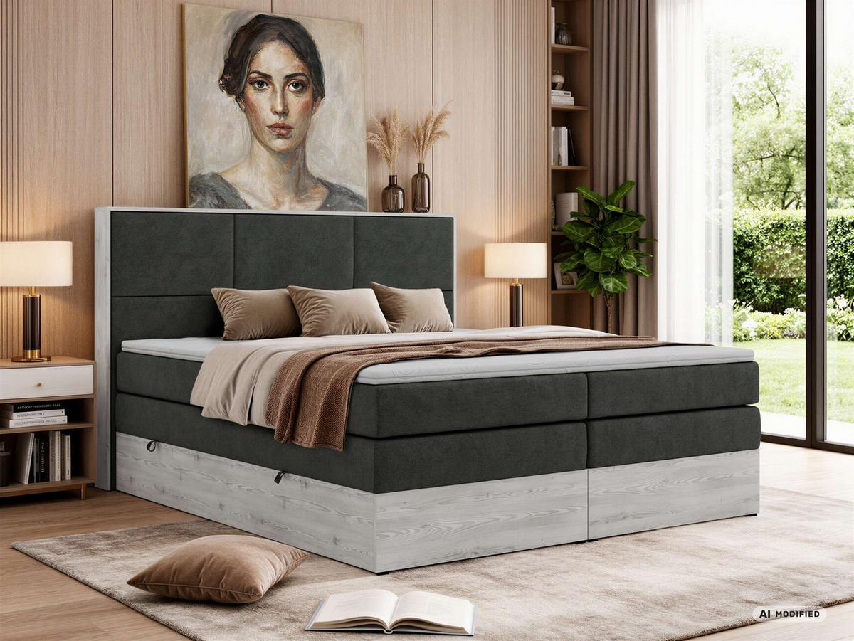 BOXSPRINGBETT DELNOR KING 200/200 - Dunkelgrau Stukture - Topper Visco - H4 - Dunkelgrau/Schwarz, Kunststoff/Textil (200/200cm) - MKS