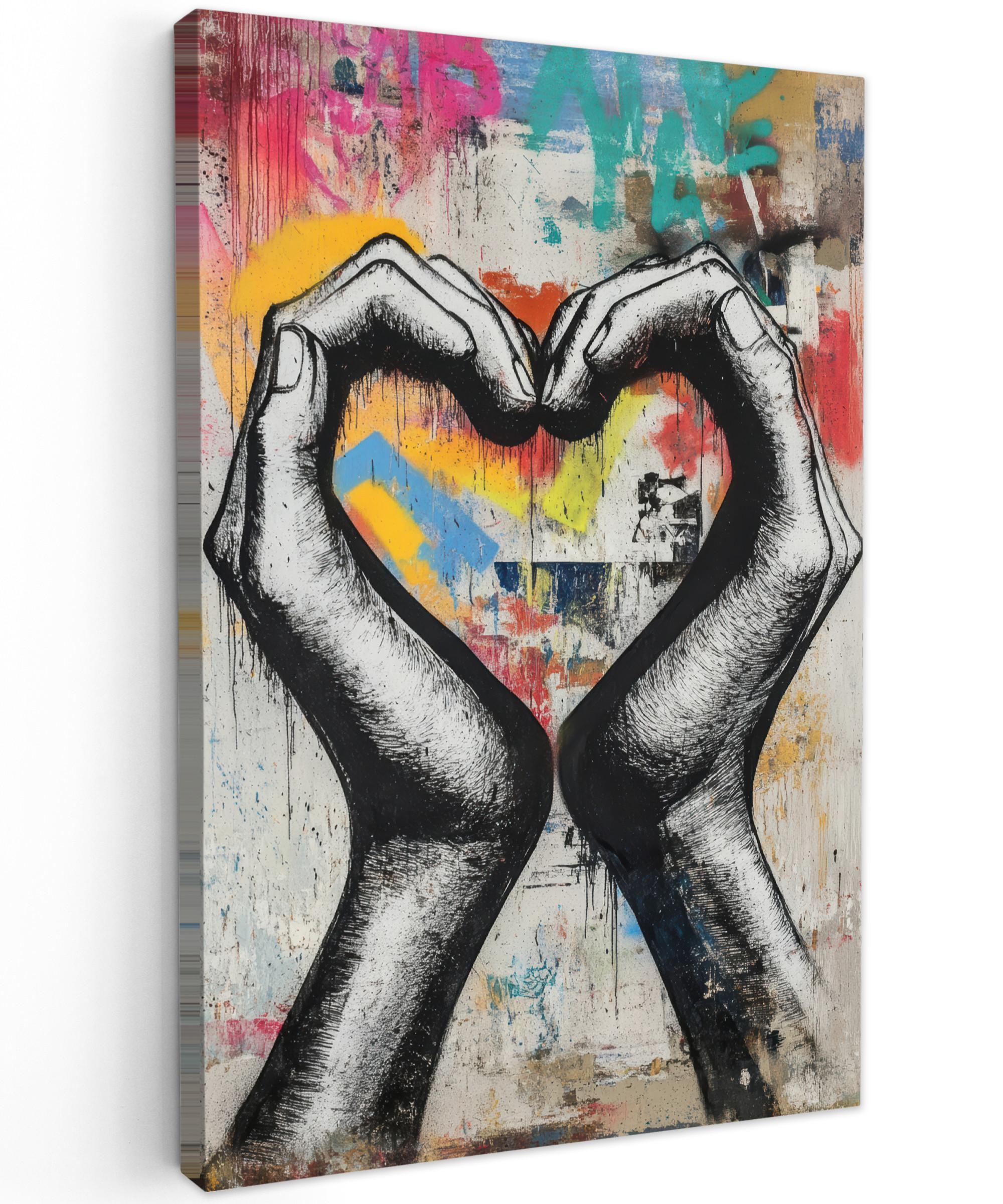 LEINWANDBILD Hände - Herz - Straßenkunst - Graffiti Deko XXL 80x120 cm - Multicolor, Textil (80/120cm) - MuchoWow