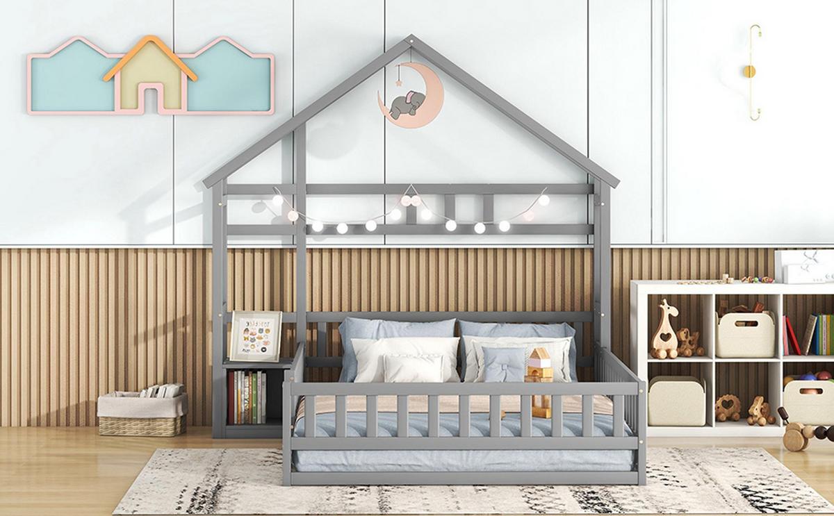 KINDERBETT 140x200 cm Hausbett Grau – Massivholz Bett mit Geländer & Nachttisch - Grau, Holz - Urban Meuble