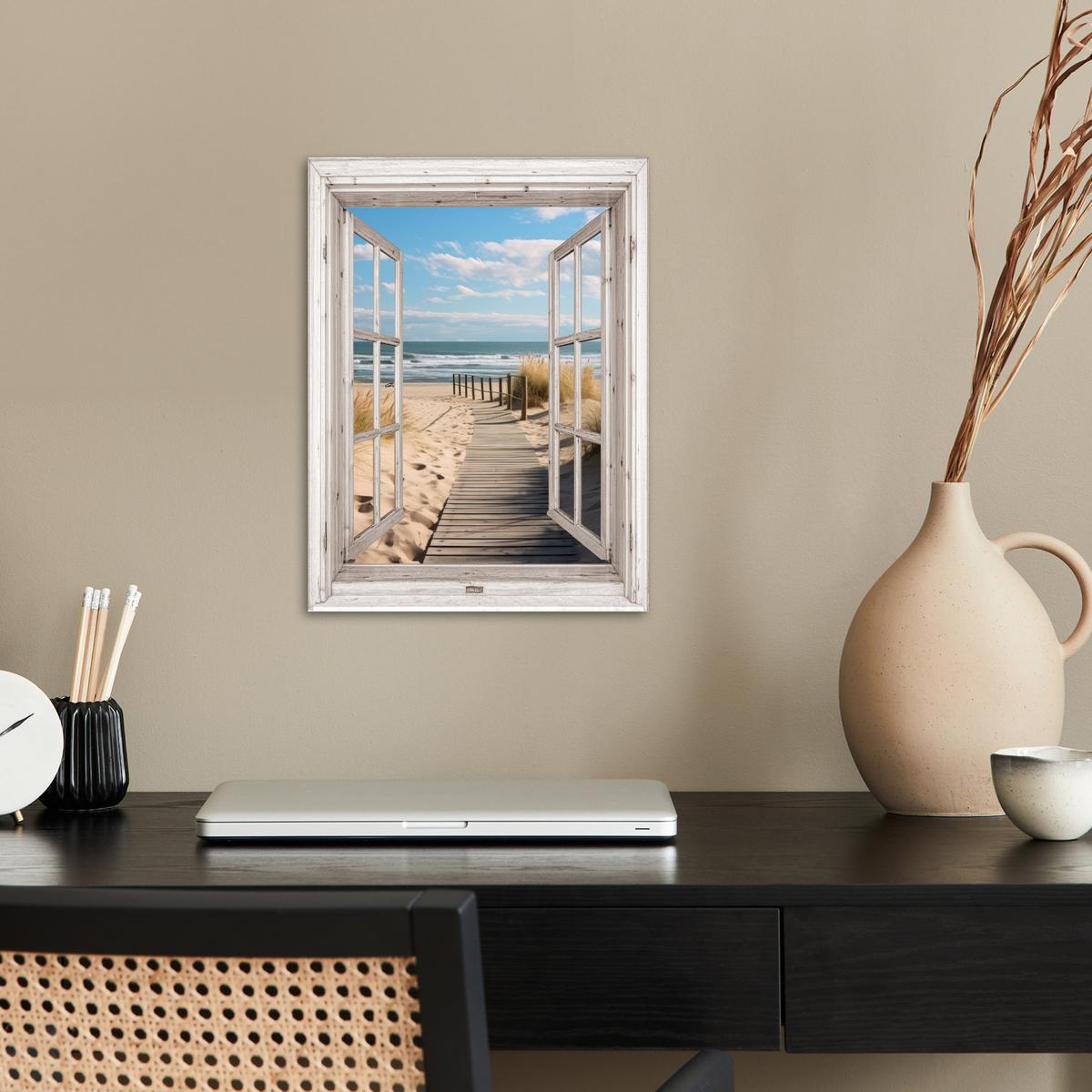 POSTER Fenster - Meer - Küste - Natur - Ausblick - Strand - Wattenmeer Wandbilder 30x40 cm - Beige, Papier (30/40/0.1cm) - MuchoWow