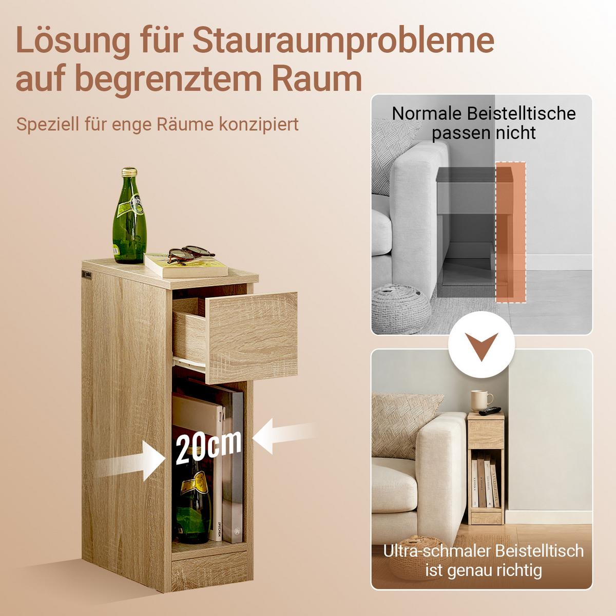 NACHTTISCH 2er Set Schmal mit Schublade, Natur, 20x35x60 cm, mit Schublade & offenes Fach, Schlafzimmer/Wohnzimmer - Naturfarben, Holzwerkstoff (20/60/35cm) - SoBuy