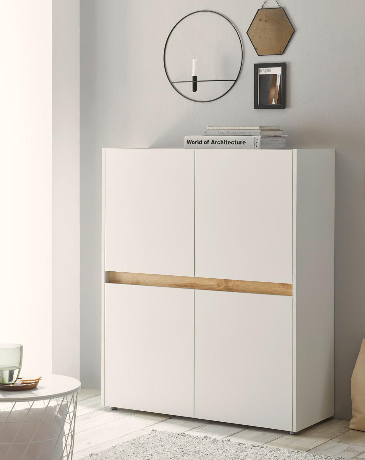 AKTENSCHRANK Weiß matt, Eiche Wotan 100 x 122 cm, Highboard 4-türig mit viel Stauraum - Eichefarben/Eiche Wotan, Holzwerkstoff/Kunststoff (100/122/40cm) - Furn.Design