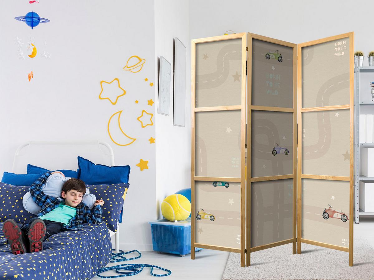 PARAVENT Japanischer 3-tlg 135x172 cm Retro Autos f r Kinder - Beige, Holz/Textil (135/172/3cm) - Muralo
