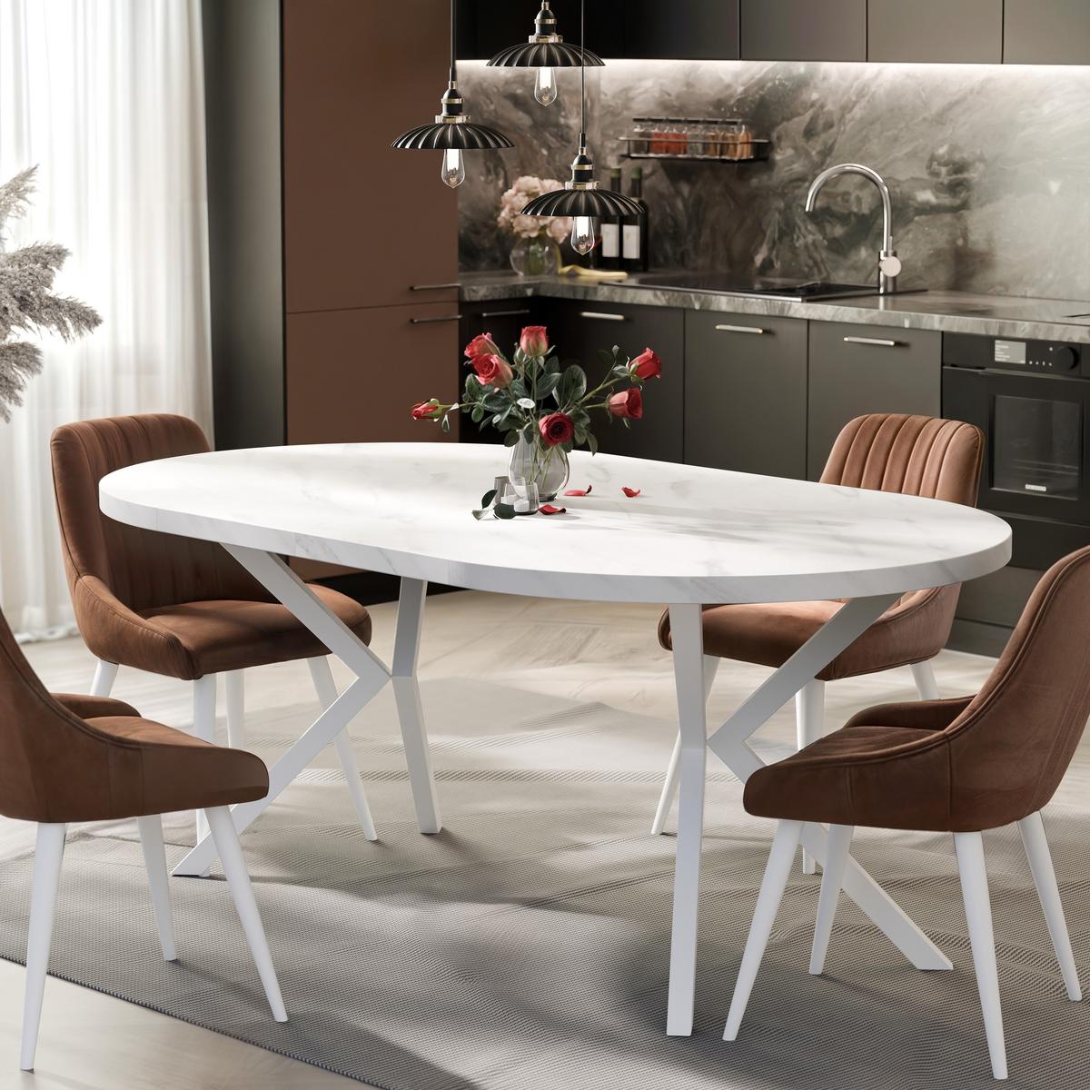 AUSZIEHTISCH MILTON 120-196/76 cm mit Metallgestell, Weiß / Bianco Marmor - Perlmutt/Weiß, Holzwerkstoff/Metall (120/120/76cm) - Idohome