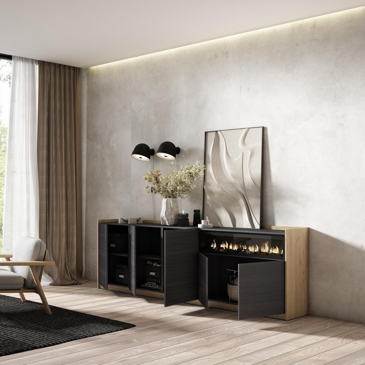 SIDEBOARD, Highboard, Schwarz Eiche, Elektrokamin, 260/37/80cm - Schwarz, Holzwerkstoff (260/80/37cm) - Skraut Home