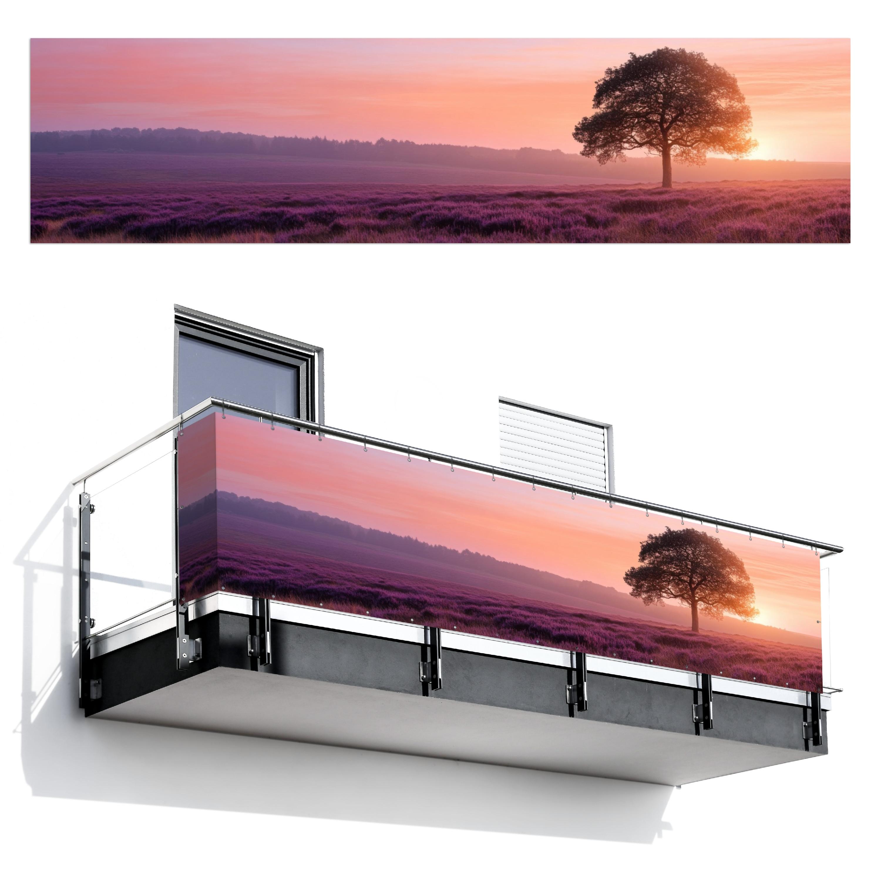 BALKON-SICHTSCHUTZ Baum - Heidekraut - Sonnenaufgang Deko XXL 500x130 cm - Flieder, Kunststoff (500/130cm) - MuchoWow