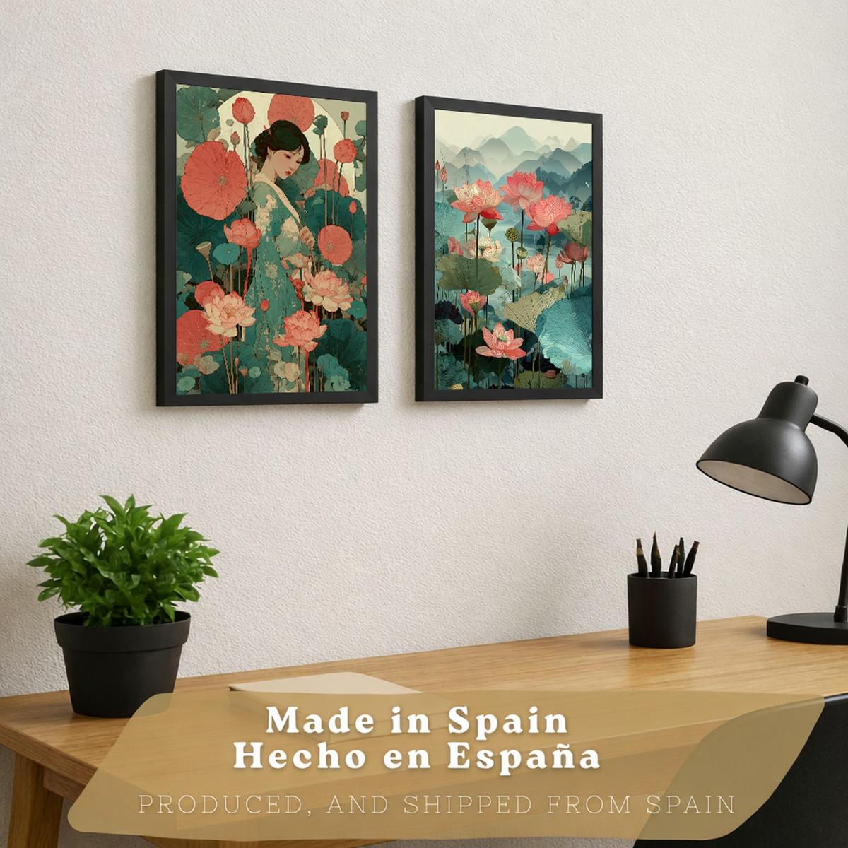 POSTER 2er-Set dekorative Badezimmerdrucke, japanisch-orientalische Kunstposter WC mit Lotusblumen, asiatische Landschaft, Stil Rahmenlos A4 - Klar, Papier (29.7/21/3cm) - Nacnic