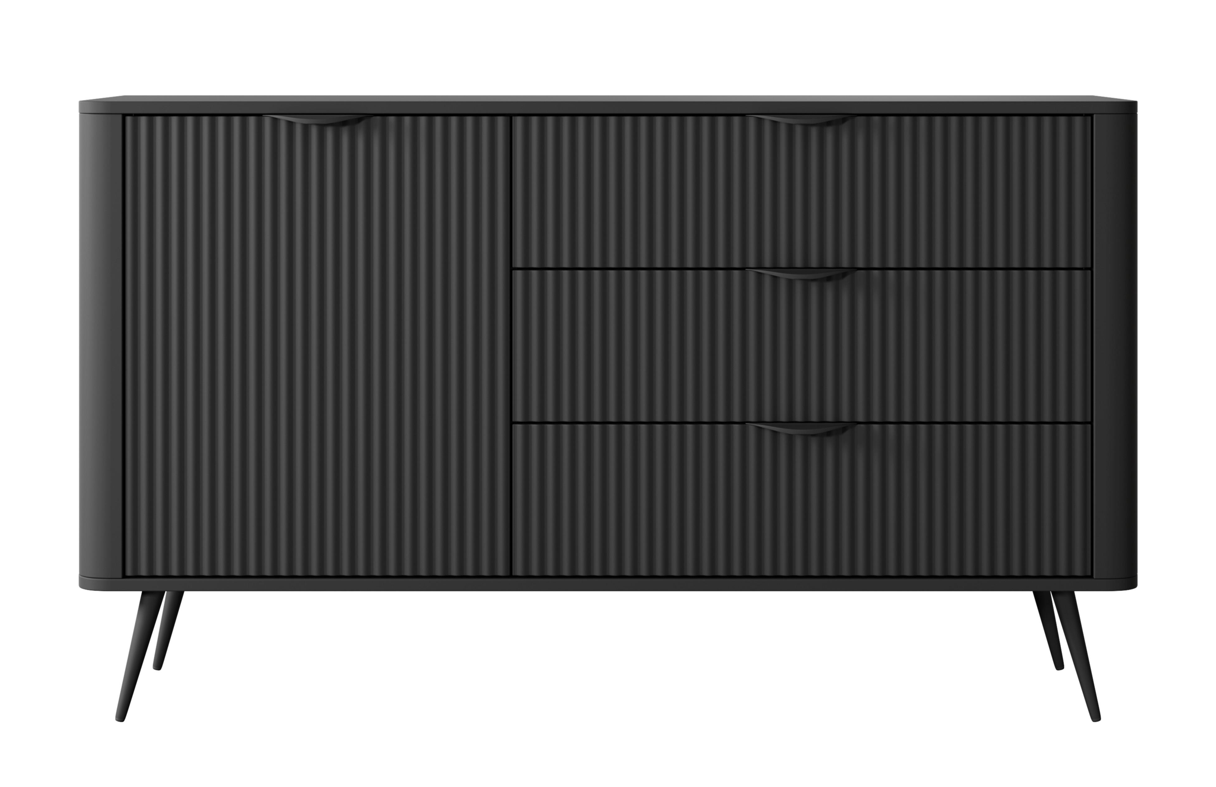 SIDEBOARD Vespasia 1T 3S Schwarz 138,2/81,2/38 cm – Geriffelten Fronten - Schwarz, Holzwerkstoff/Metall (138.2/81.2/38cm) - AX Living