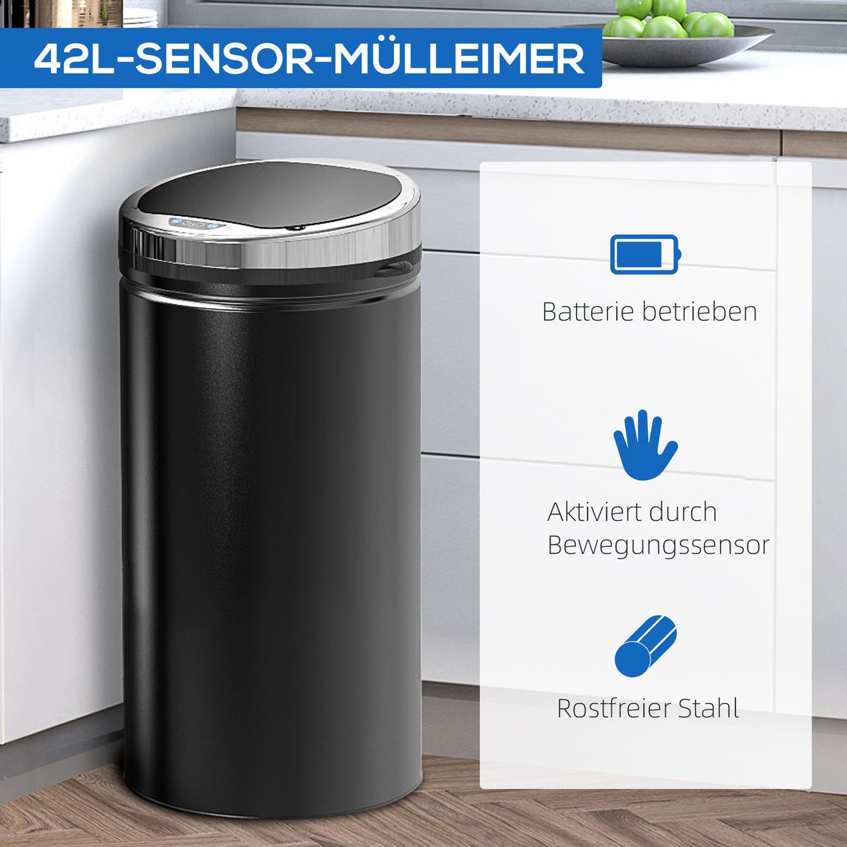 SENSOR-MÜLLEIMER 42L, Elektrisch Automatischer Abfalleimer mit Deckel, Rostfrei - Schwarz, Metall (30.5/68/30.5cm) - HOMCOM