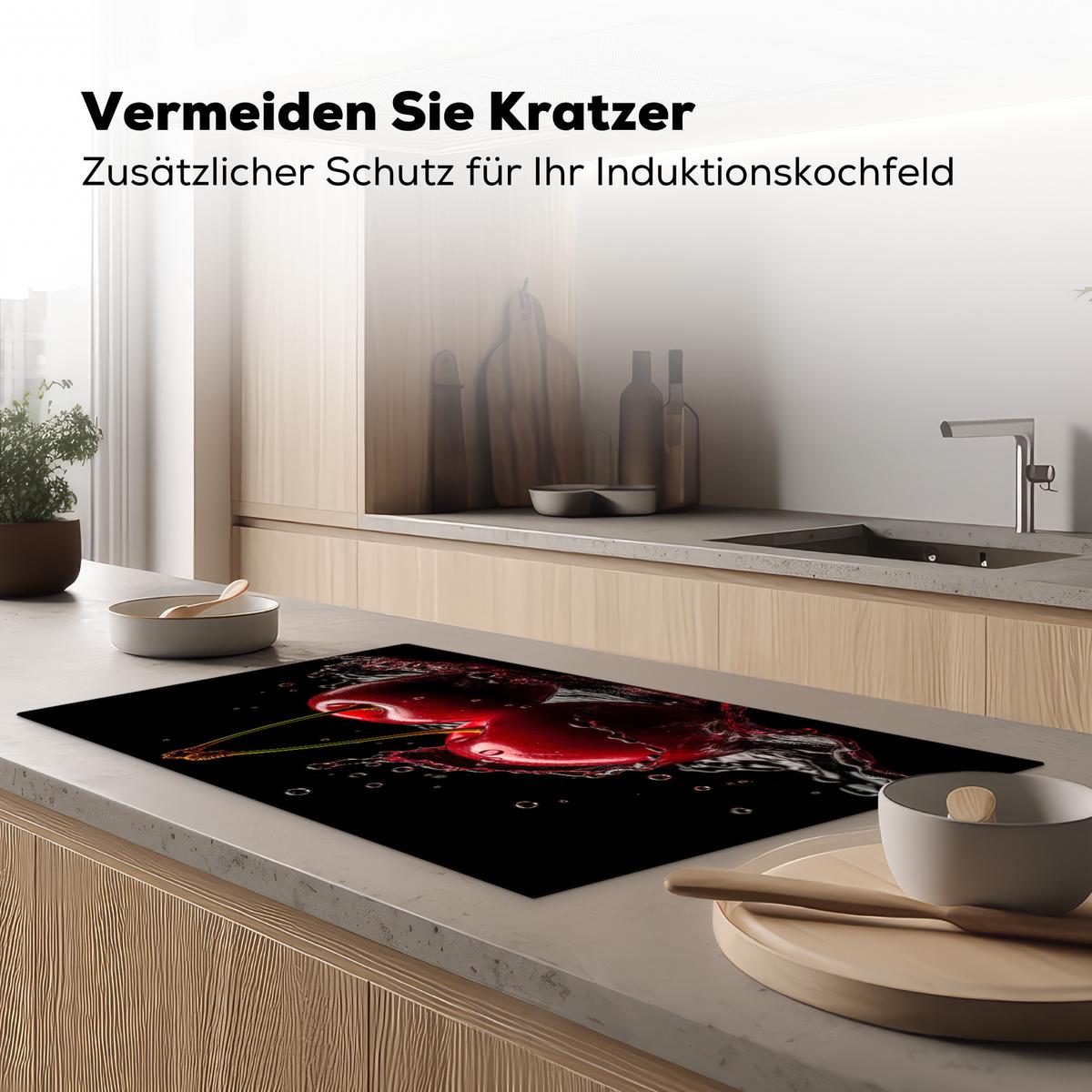 HERDABDECKPLATTE Kirsche - Rot - Frucht - Wasser - Schwarz Induktionsschutz 91.6x52.7 cm - Kirschrot, Kunststoff (91.6/52.7/0.2cm) - MuchoWow
