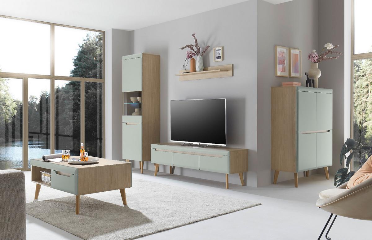 VITRINE Pistazie grün, Eiche, skandinavisch 53 x 197 cm, Standvitrine mit Soft-Close-Funktion - Eichefarben/Pastellgrün, Glas/Eichenholz (53/197/40cm) - Furn.Design