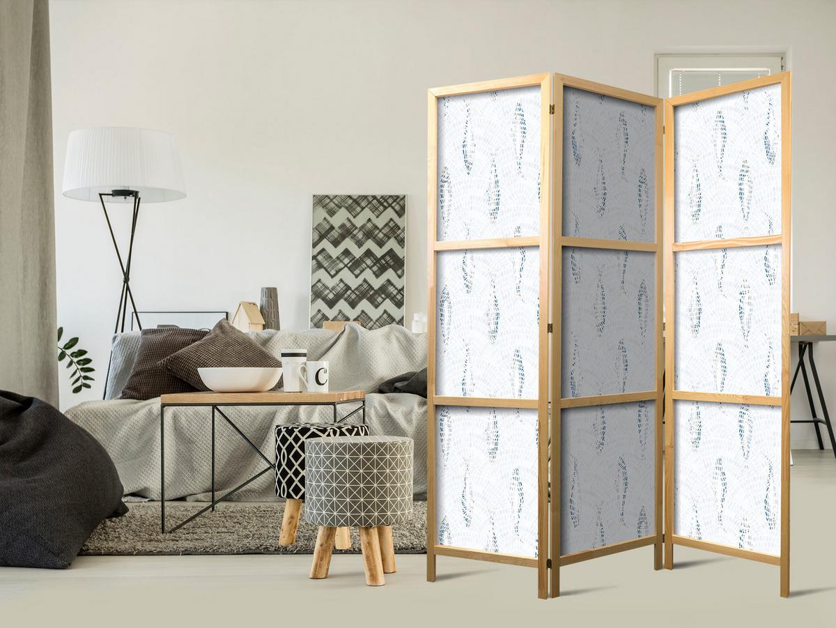 PARAVENT Japanischer 3-tlg 135x172 cm Blaue Fische - Weiß, Holz/Textil (135/172/3cm) - Muralo