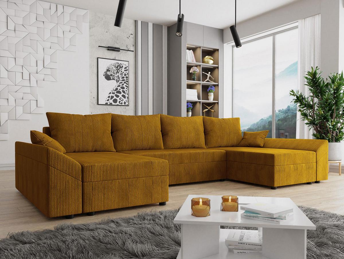 WOHNLANDSCHAFT Dante U Cord - Schwarz/Braun, Holz/Kunststoff (310/82/140cm) - MIRJAN24