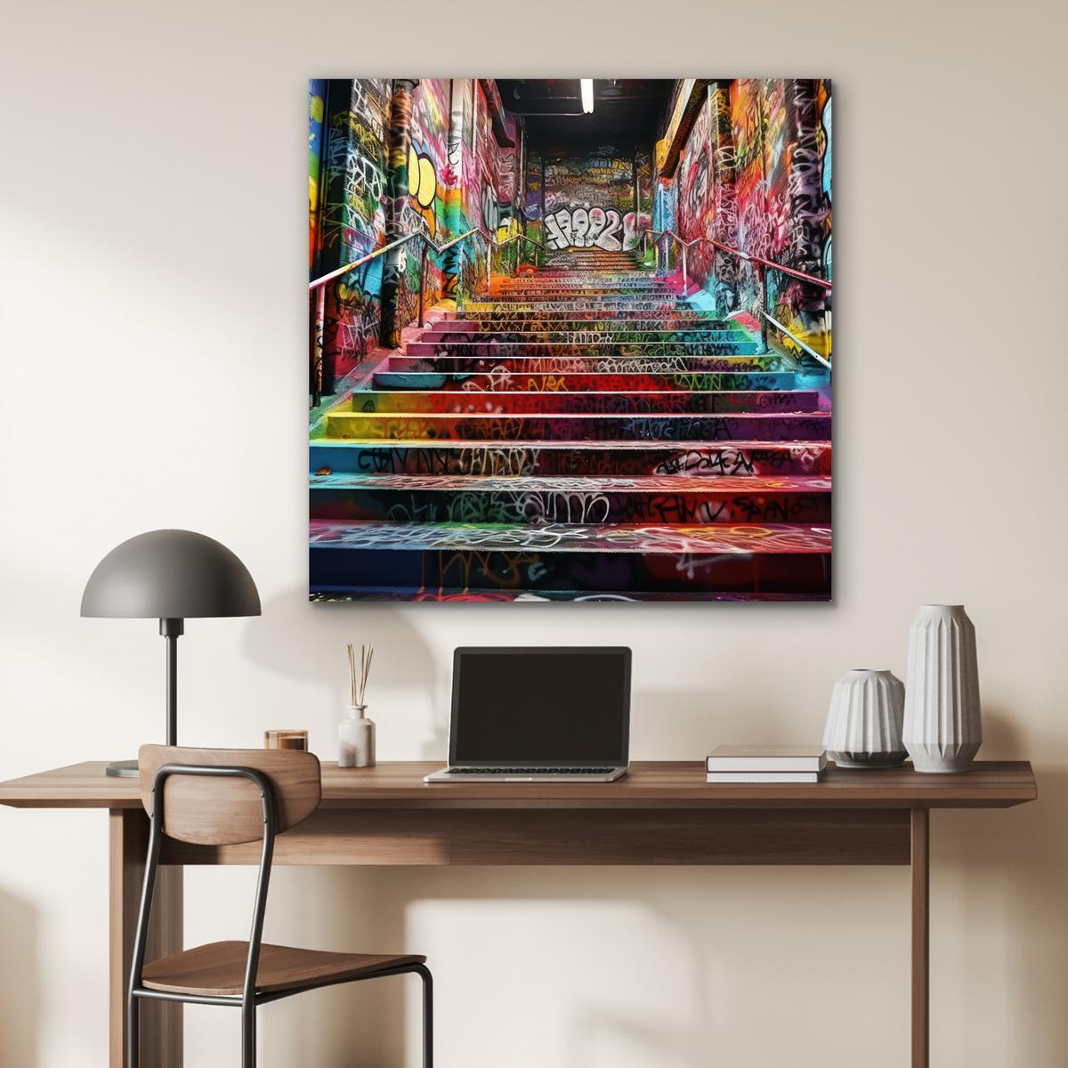 METALLBILD Treppe - Graffiti - Farben - Kunst 90x90 cm - Multicolor, Metall (90/90cm) - MuchoWow