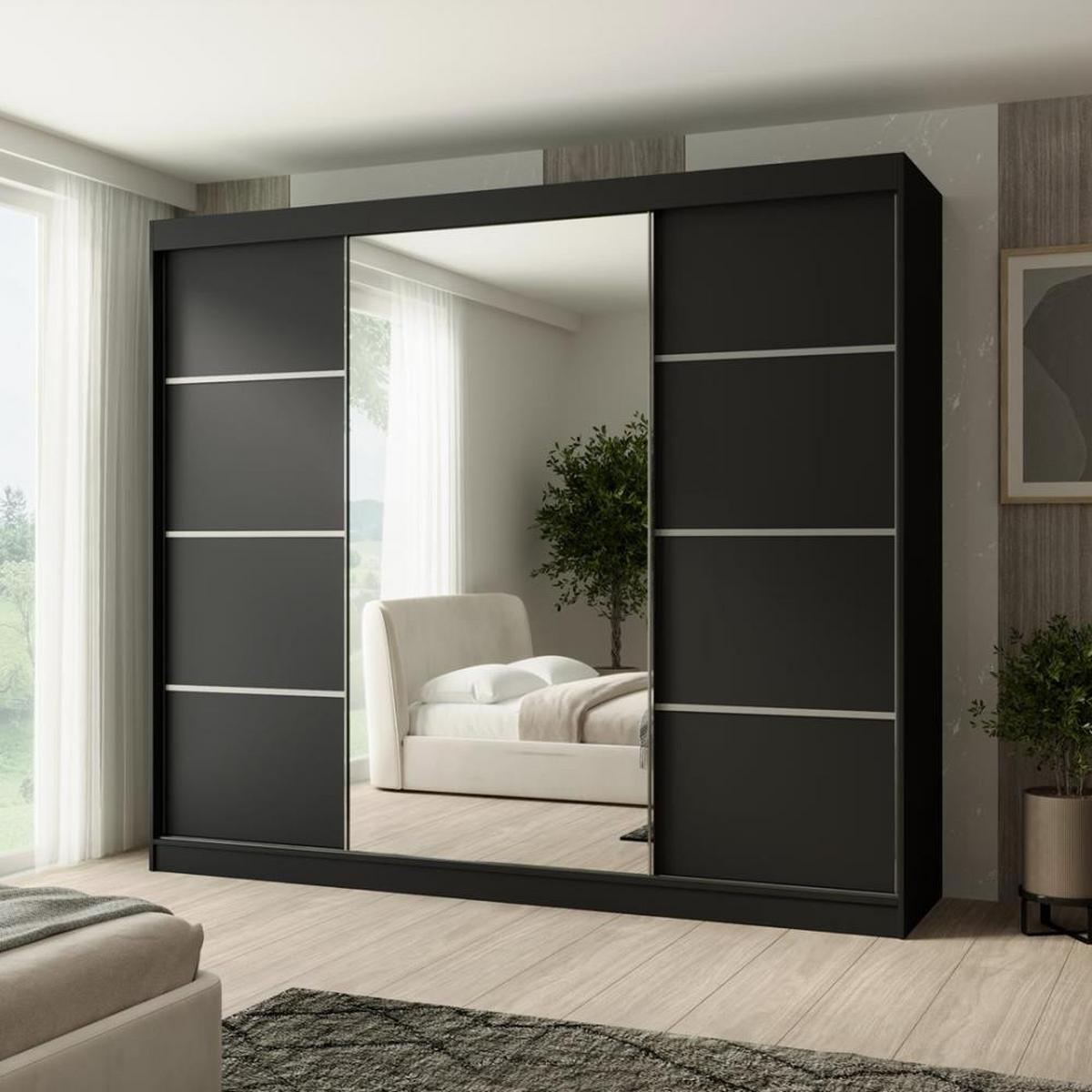 SCHWEBETÜRENSCHRANK Paco 250/215/61 3-türig schwarz mit Spiegel - Schwarz, Holzwerkstoff (250/215/61cm) - Beautysofa