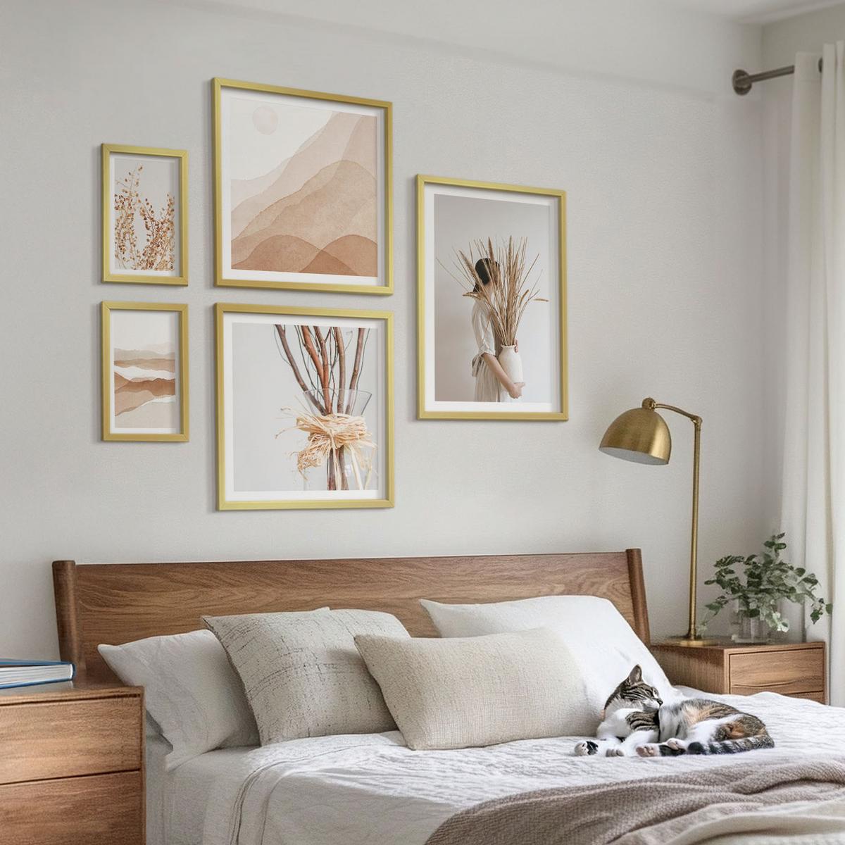 BILDER SET 5er Set - 50x50 cm & 20x30 cm & 40x60 cm Goldrahmen - Pflanzenmotive im Boho-Stil - Goldfarben, Kunststoff (40/60cm) - TULUP