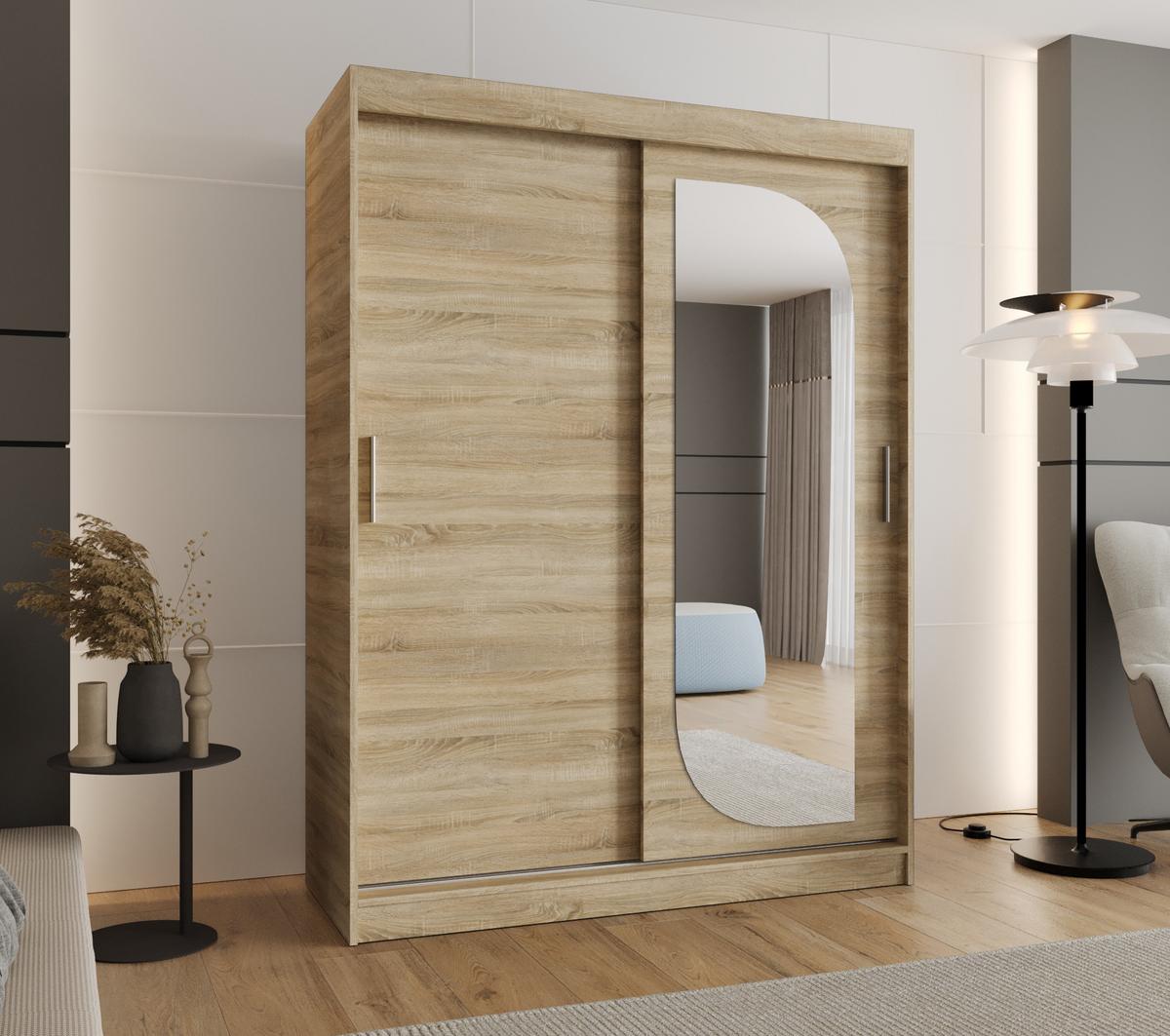 SCHIEBETÜRENSCHRANK mit Spiegel LUCY 200/150/62 2-türig - Silberfarben/Sonoma Eiche, Holz (150/200/62cm) - MÖBEL KRYSPOL