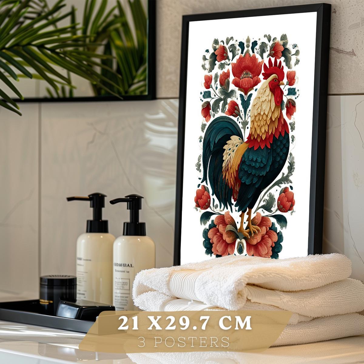 POSTER 3er-Set Kunstdrucke im Folk-Stil, dekorative Tier Blumenmotive, farbenfrohe Kunstposter für Zuhause, Wohnzimmer, Badezimmer Schwarzer Rahmen A4 - Schwarz, Papier (29.7/21/3cm) - Nacnic