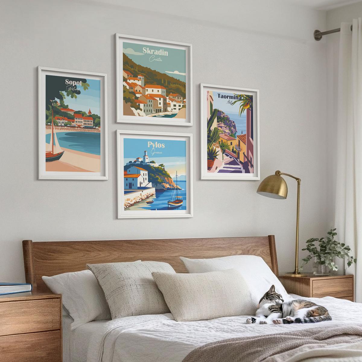BILDER SET 4er Set - 50x50 cm & 40x60 cm Weißer Rahmen - Illustrationen von Küstenstädten - Weiß, Kunststoff (50/50cm) - TULUP