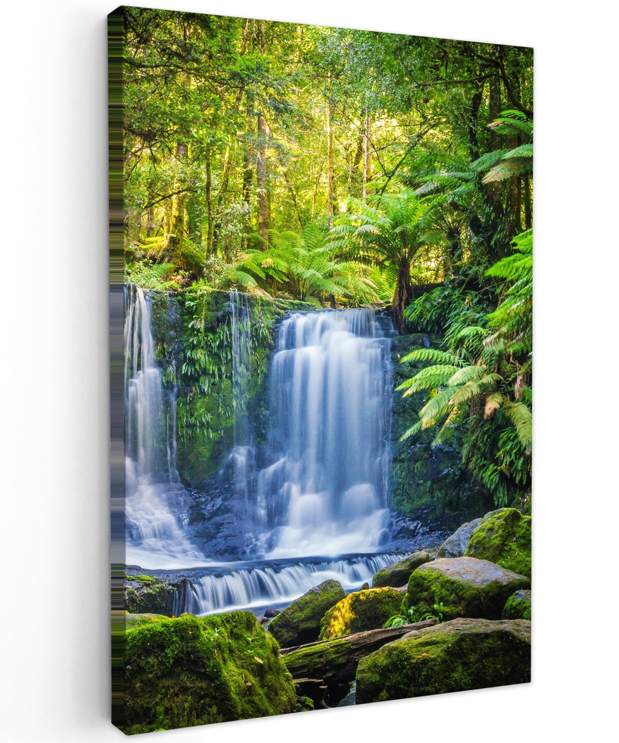LEINWANDBILD Dschungel - Wasserfall - Australien - Pflanzen - Natur Wanddeko Schlafzimmer 60x90 cm - Dunkelgrün, Textil (60/90cm) - MuchoWow