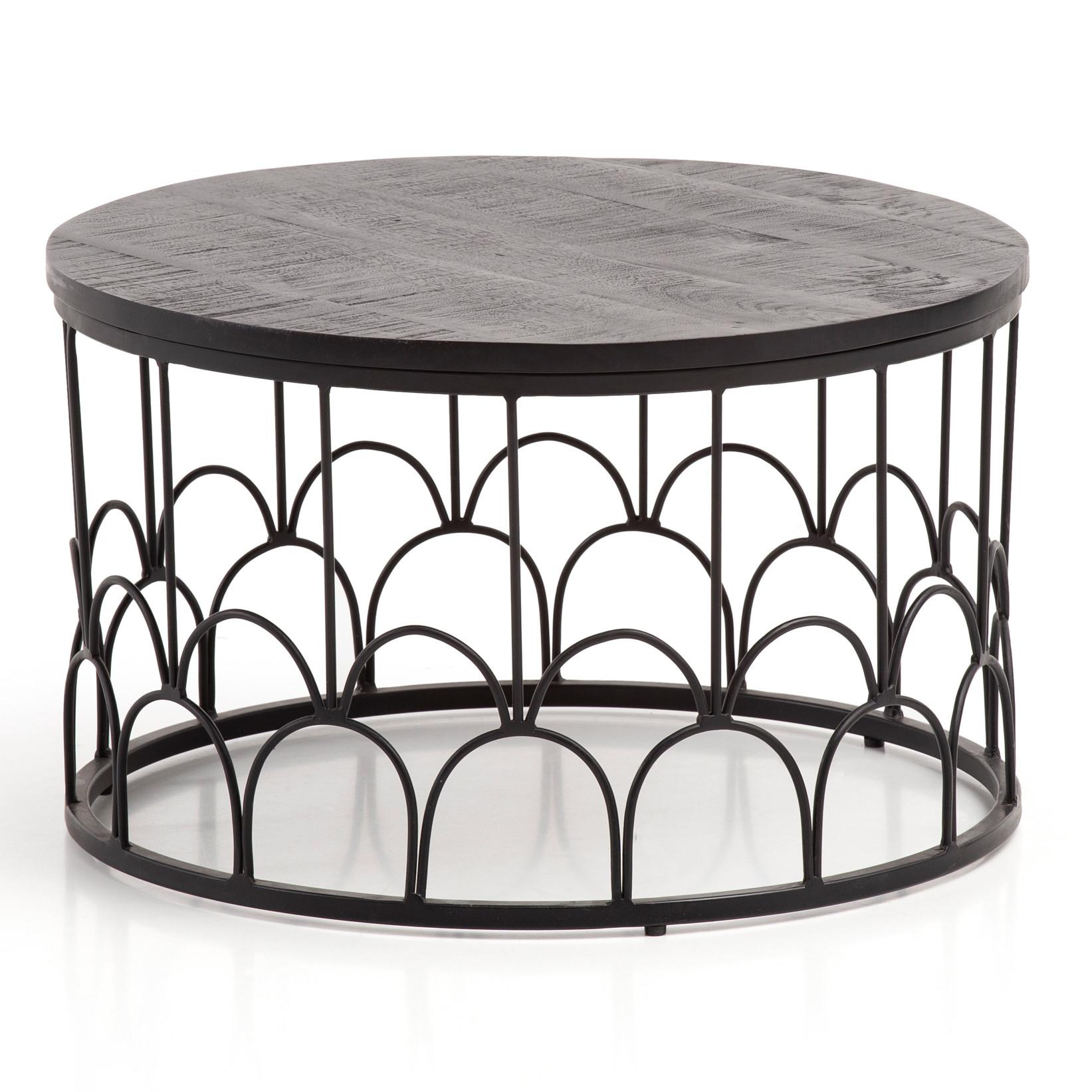 COUCHTISCH Rund in Schwarz aus Mango Massivholz mit Metallgestell, 60x60x36cm, Industrial Design - Schwarz, Holz/Metall (60/60/36cm) - KADIMA DESIGN