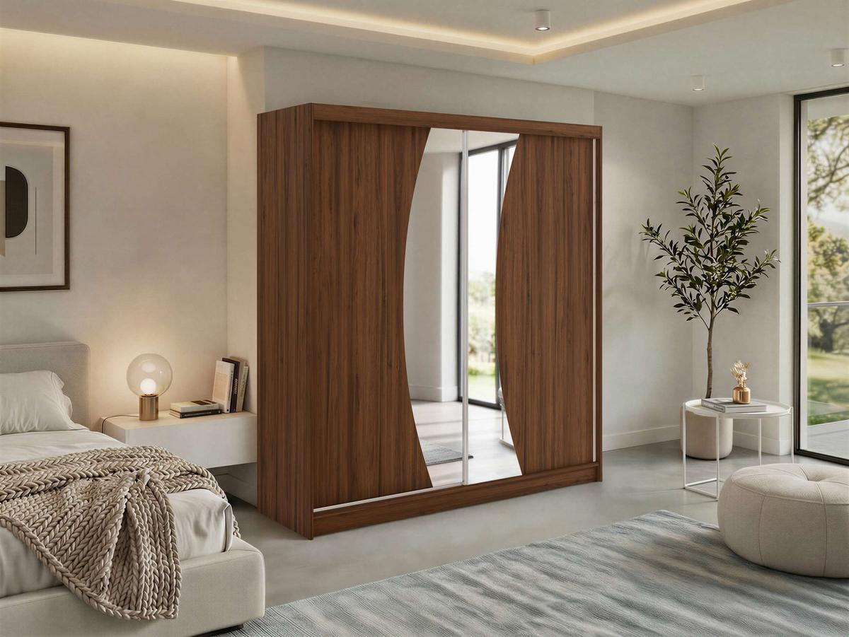 SCHWEBETÜRENSCHRANK mit Schubladen 200 - VERONA - Warmia Walnuss mit Spiegel - Walnussfarben/Alufarben, Holzwerkstoff/Metall (200/216/61cm) - MKS