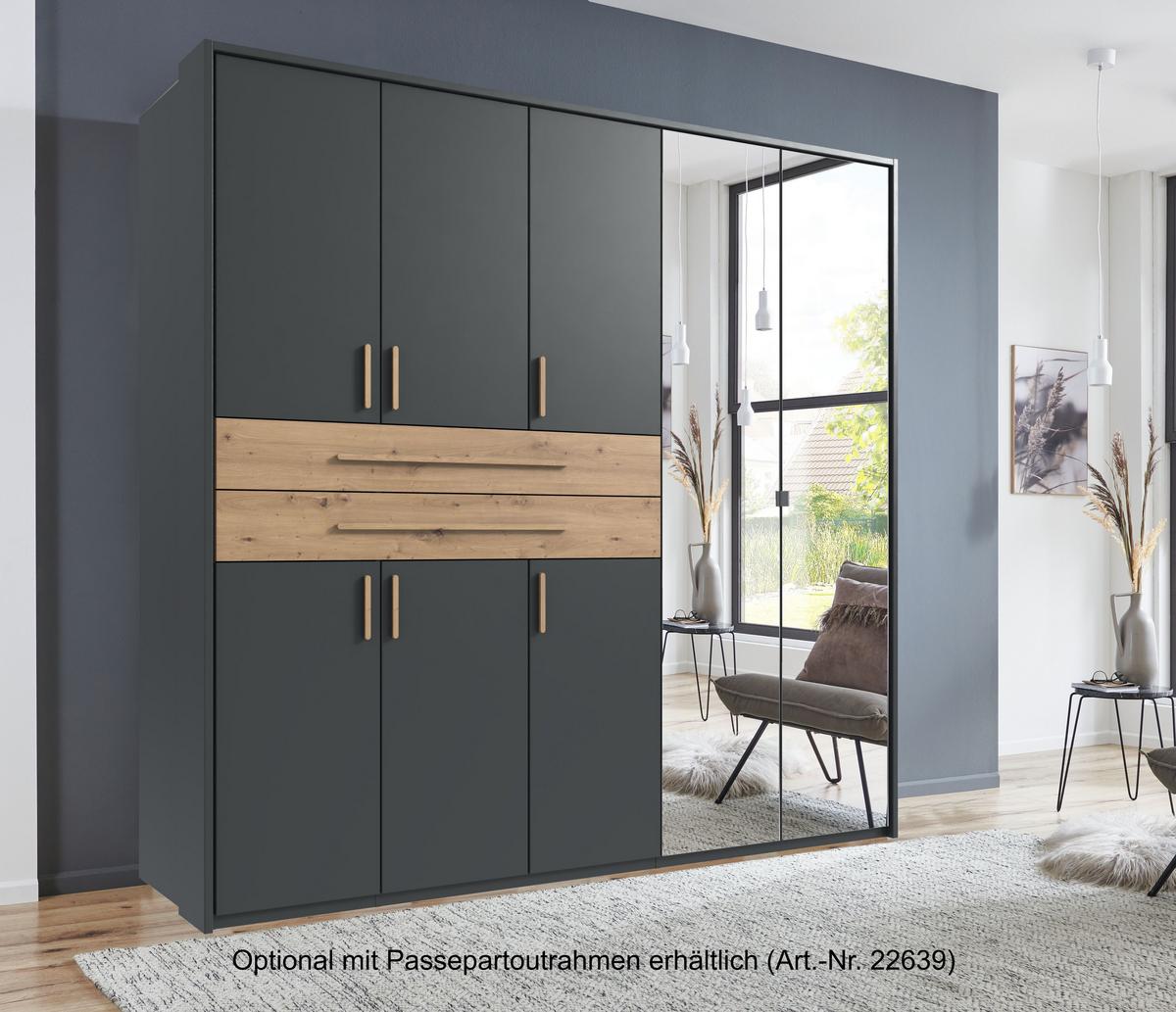 DREHTÜRENSCHRANK B225/H208/T58 cm in Grafit, Kleiderschrank mit 2 Spiegeltüren, 2 großen Schubkästen & Griffen in Eiche Artisan Dekor / 22637 - Graphitfarben/Eiche Artisan, Holzwerkstoff/Kunststoff (225/208/58cm) - luma-home