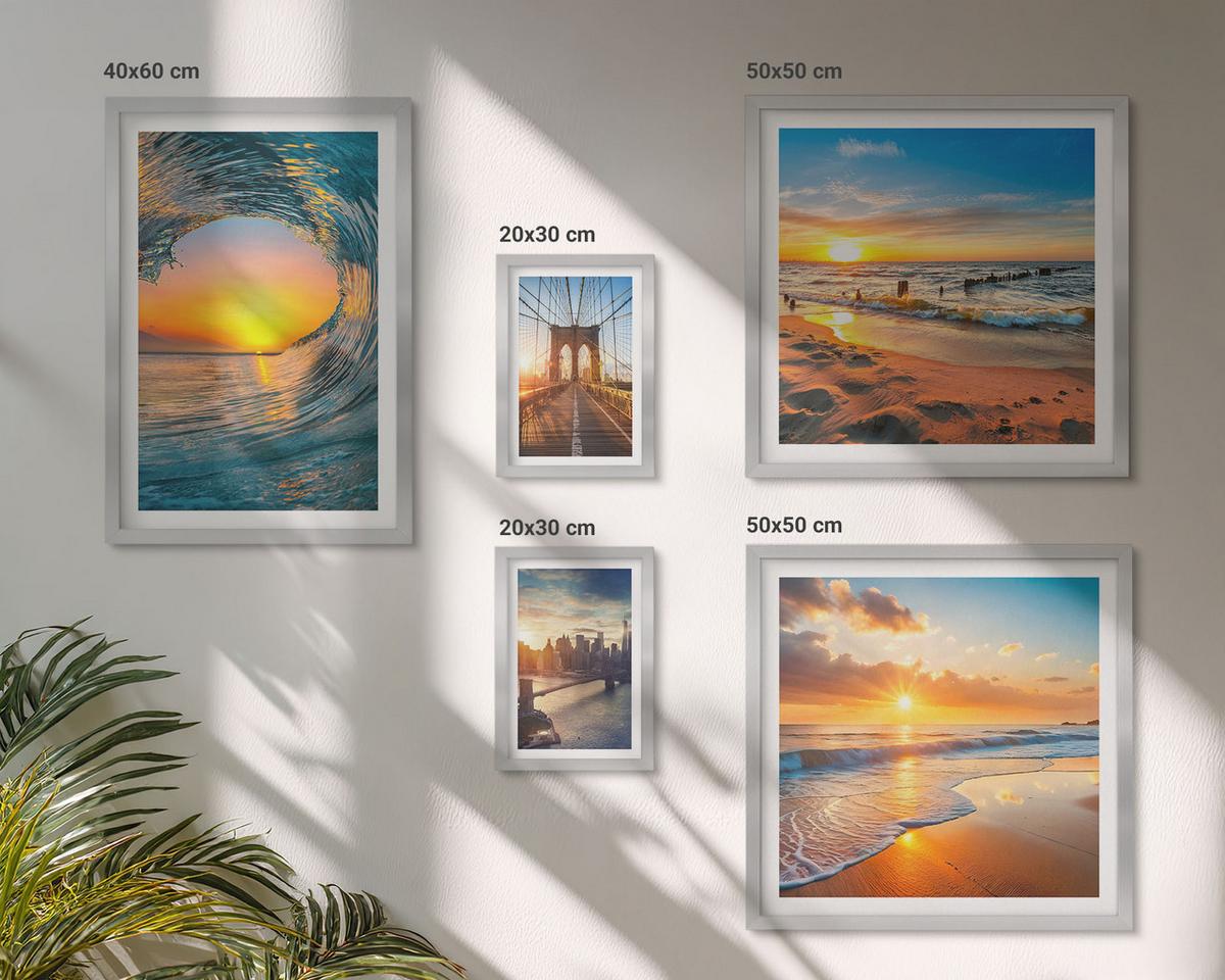 BILDER SET 5er Set - 50x50 cm & 20x30 cm & 40x60 cm Silberner Rahmen - Brücken, Sonnenuntergänge, Stadt - Silberfarben, Kunststoff (40/60cm) - TULUP
