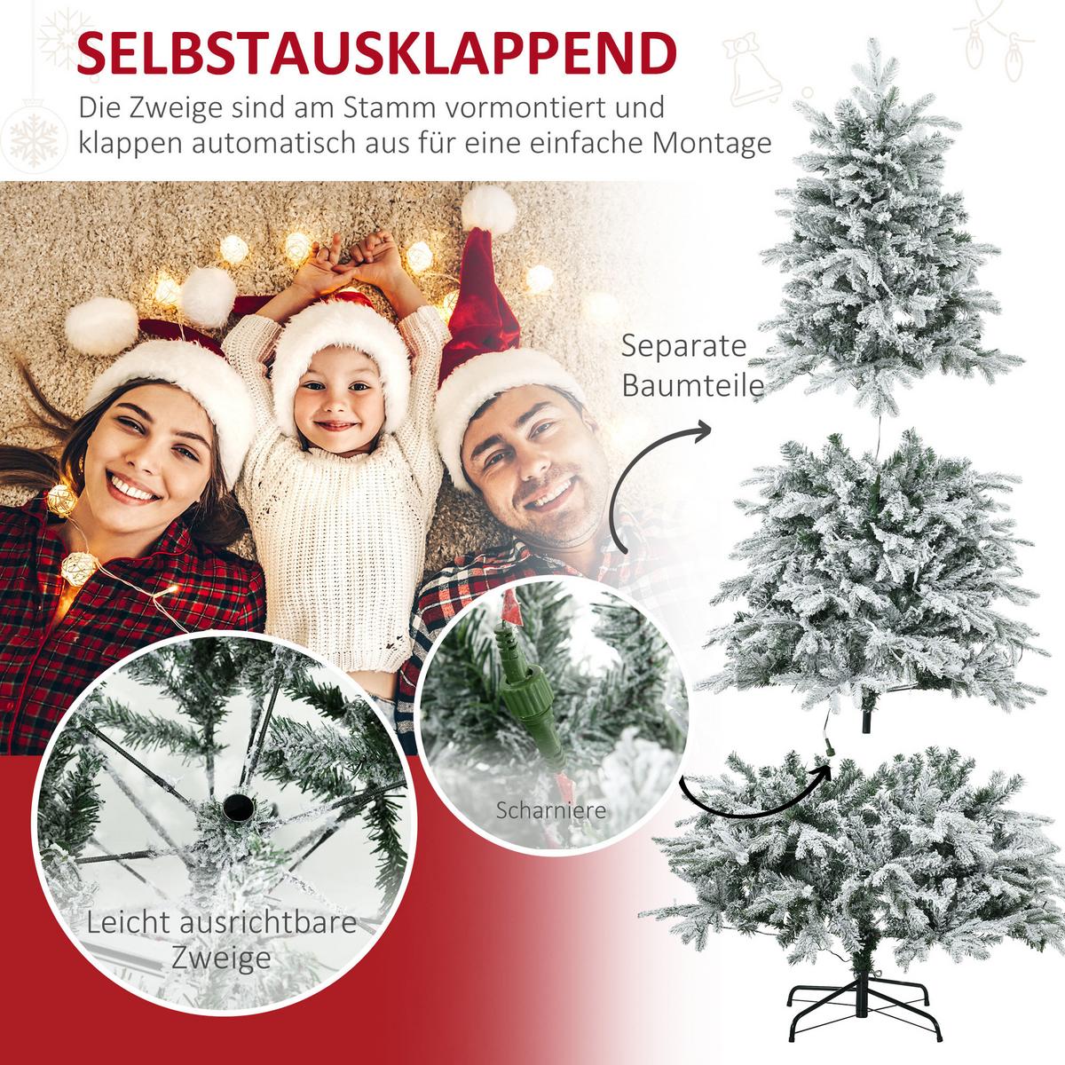 KÜNSTLICHER Weihnachtsbaum mit Leuchte, 180 cm Kunsttanne mit Kunstschnee - Weiß, Kunststoff (180cm) - HOMCOM