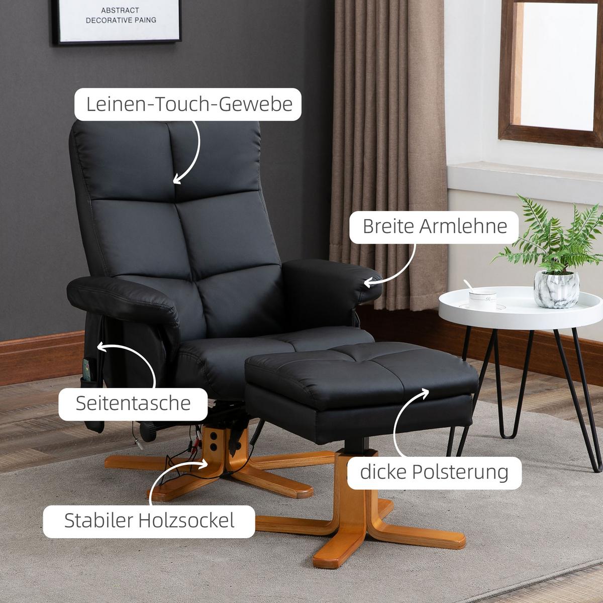 RELAXSESSEL mit Liegefunktion Massagesessel mit Fußhocker Polyester Schwarz - Anthrazit/Schwarz, Leder/Holz (86/99/80cm) - HOMCOM