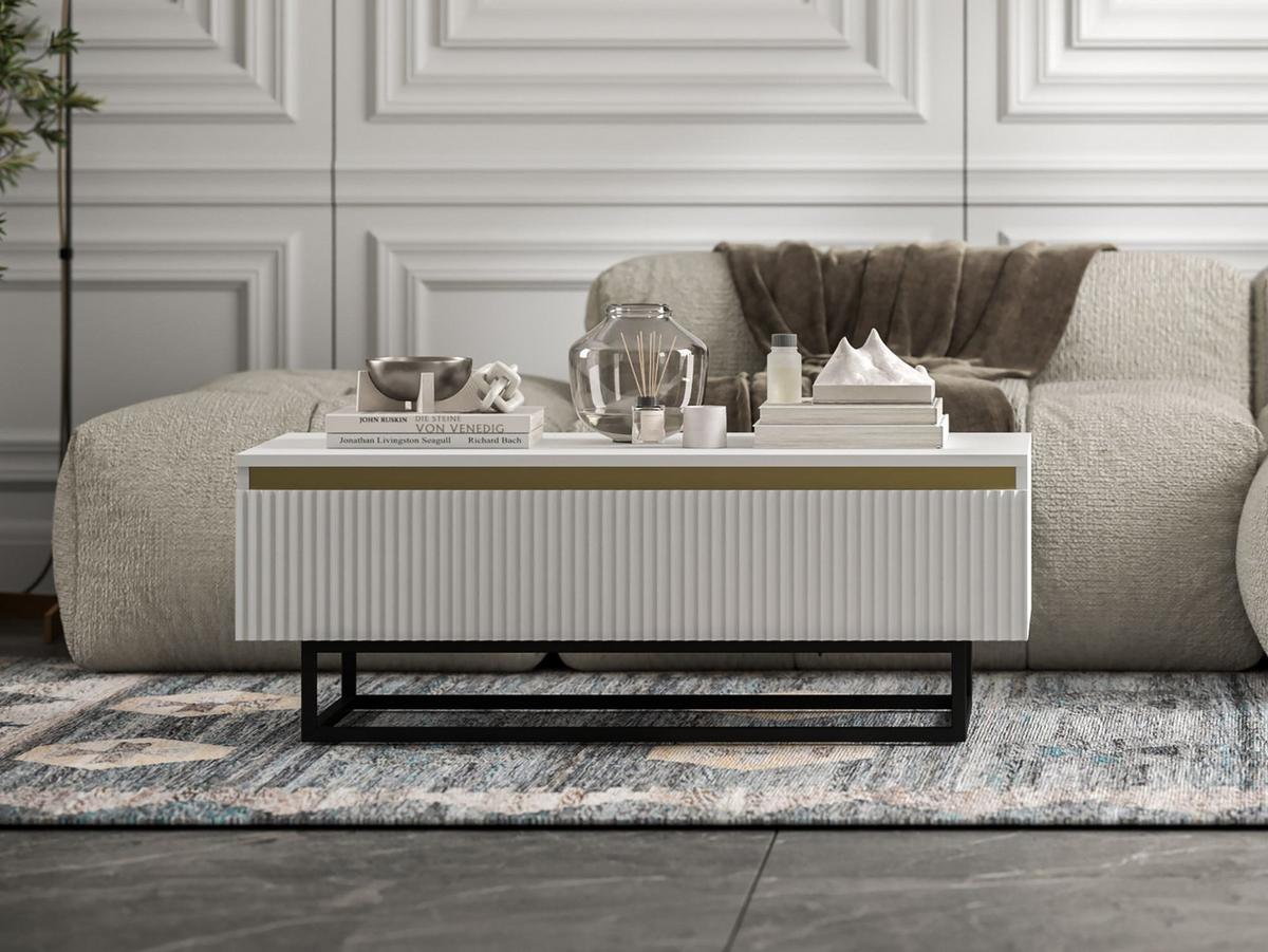 COUCHTISCH Selene Weiß matt 109 cm mit Metallrahmen - Schwarz/Weiß, Holzwerkstoff/Metall (50/109/39cm) - Meble Lindner