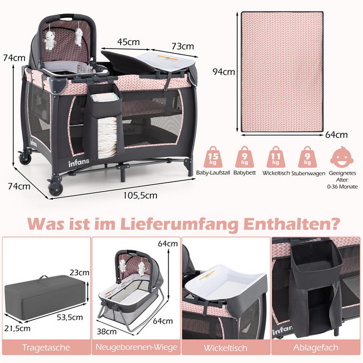 BEISTELLBETT mit Matratze grau - Pink, Textil - COSTWAY
