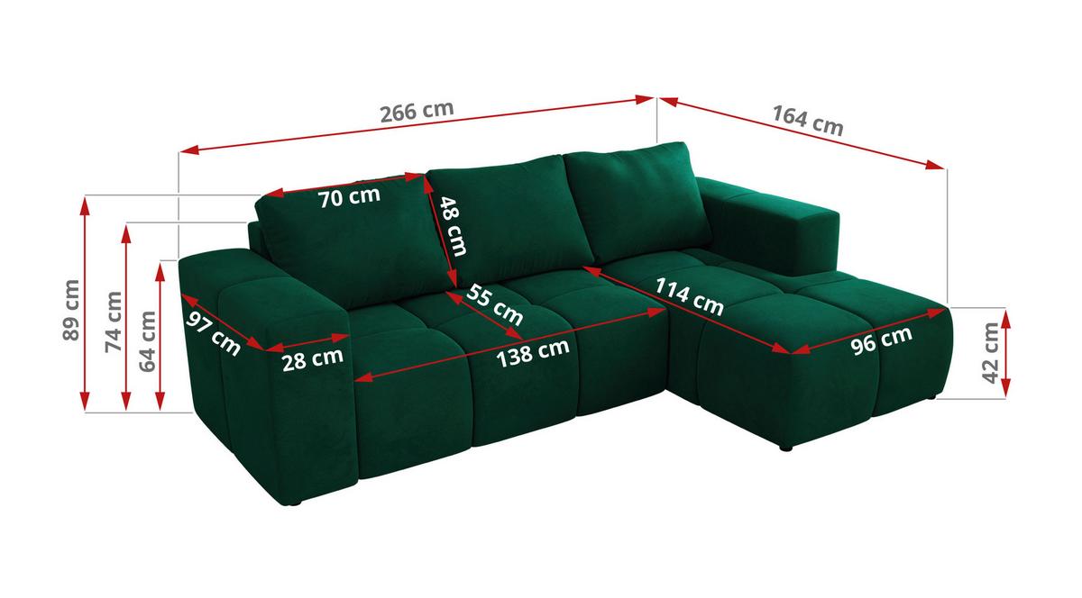 ECKSOFA MONIVA Dunkelgrün Velvet - Links - Dunkelgrün/Schwarz, Kunststoff/Textil (164/266cm) - MKS