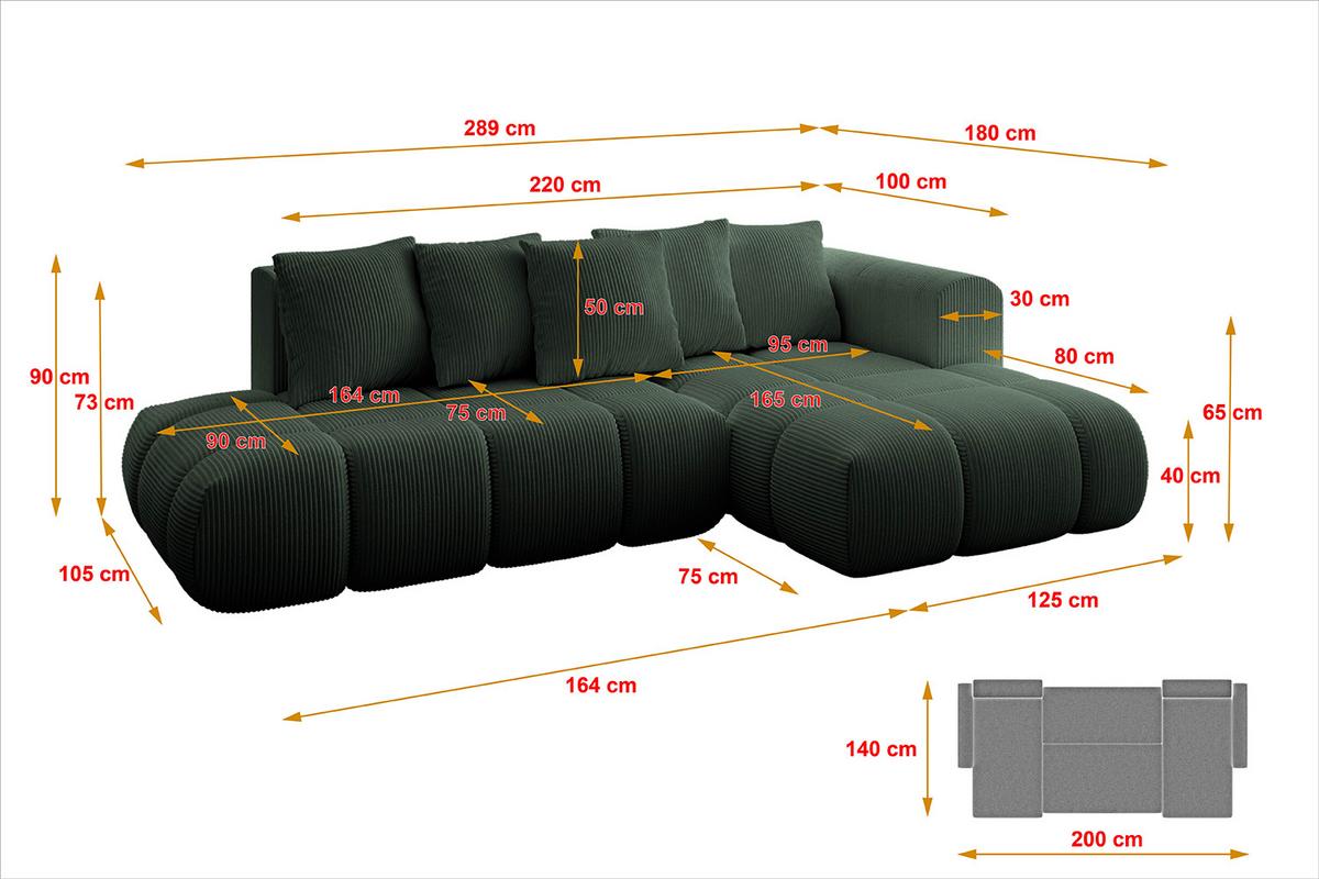ECKSOFA Ottomane Rechts CLOUD-L-v1 280x185x90 Grün Cord - Grün, Holzwerkstoff/Kunststoff (185/280cm) - ALTDECOR
