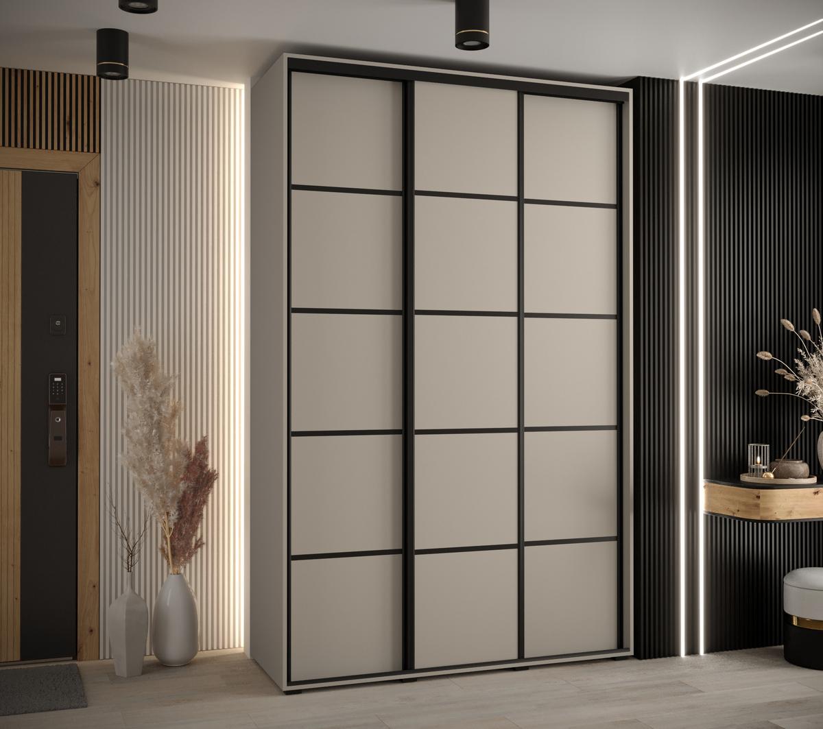 SCHWEBETÜRENSCHRANK 235,2/160/60 3-türig - Kaschmir/Schwarz, Holz/Metall (160/235.2/60cm) - MÖBEL KRYSPOL