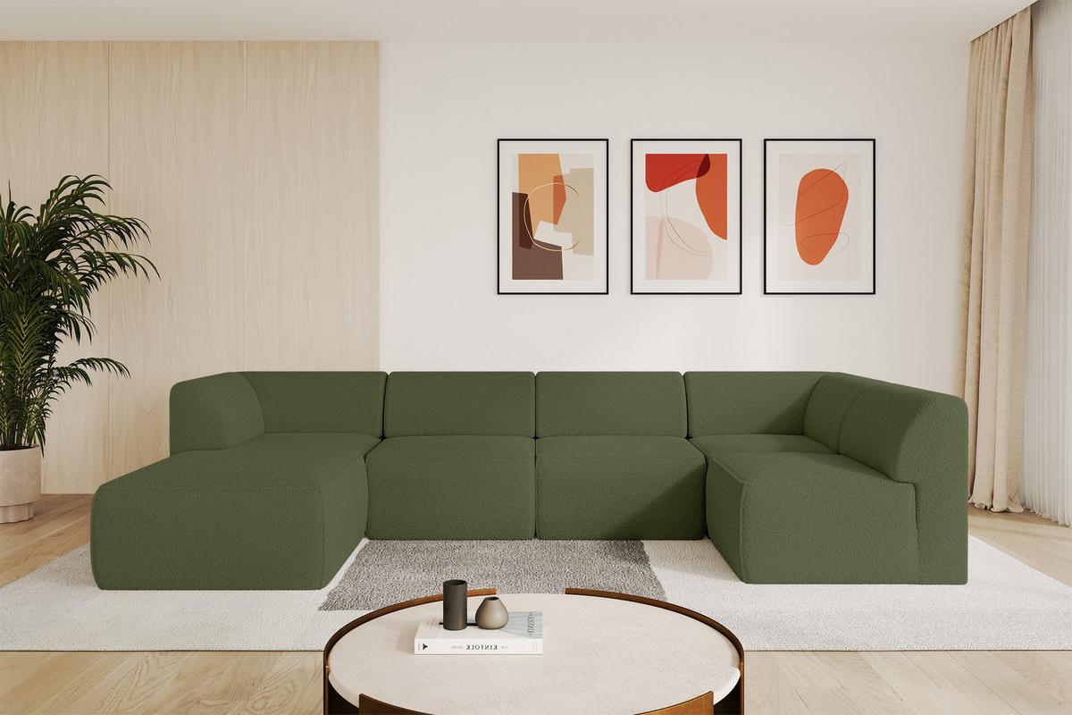 WOHNLANDSCHAFT Ottomane Links MOVO-L 345x180x78 cm Grün Bouclé - Dunkelgrün, Holzwerkstoff/Kunststoff (345/78/180cm) - ALTDECOR