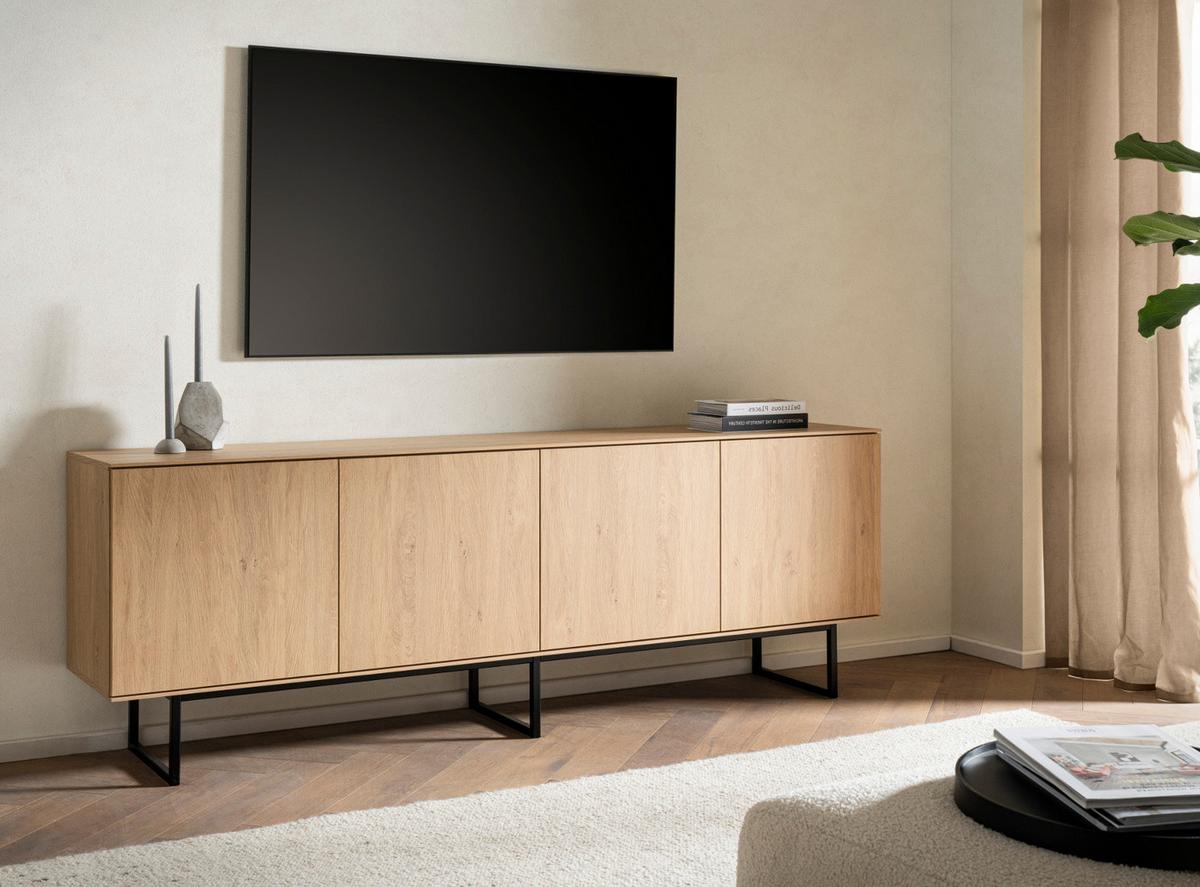 TV-LOWBOARD Eiche 200 x 70 cm, Flat-TV Unterschrank mit Komforthöhe, Push-To-Open-Funktion - Eichefarben/Schwarz, Holzwerkstoff/Metall (200/70/40cm) - Furn.Design