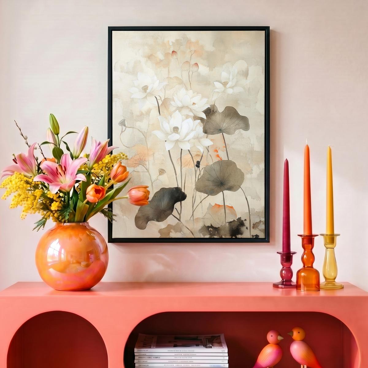LEINWAND Bilder mit Rahmen - Blumen - Japandi - Wabi sabi - 30x40 - Sandfarben, Textil (30/40cm) - MuchoWow