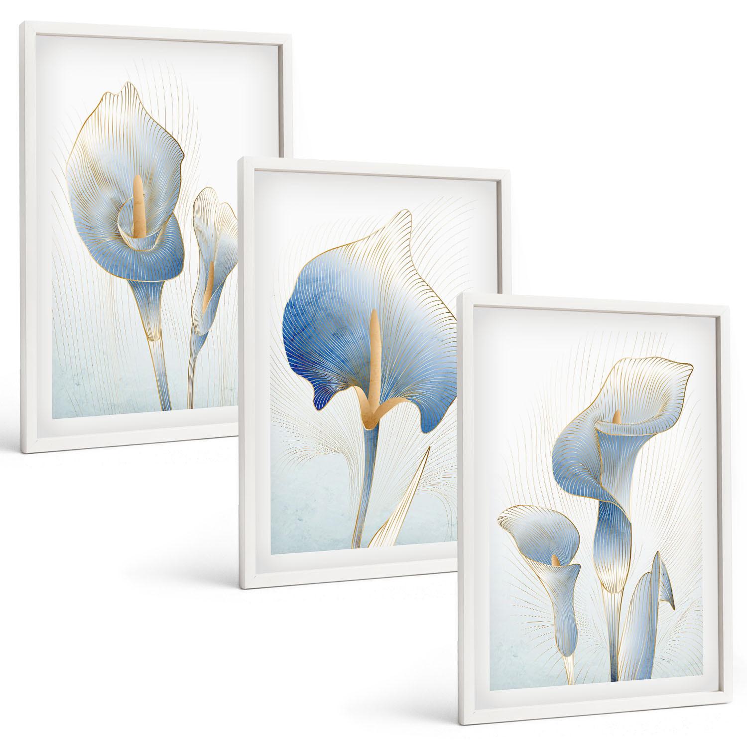 BILDER SET 3er Set - 40x60 cm Weißer Rahmen - Blaue Blumen im Hintergrund - Weiß, Kunststoff (40/60cm) - TULUP