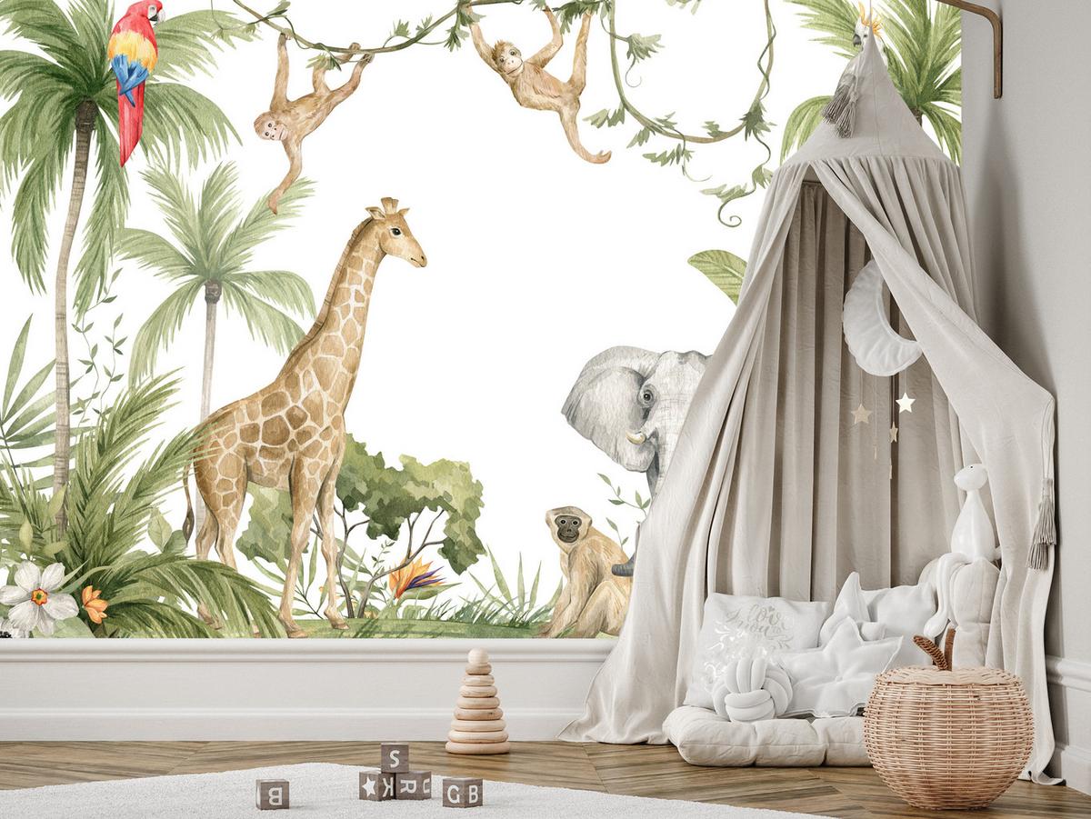 FOTOTAPETE für Kinderzimmer Dschungel Tiere Giraffe Elefant Palmen 200x140 - Beige/Rot, Papier (200/140cm) - Muralo