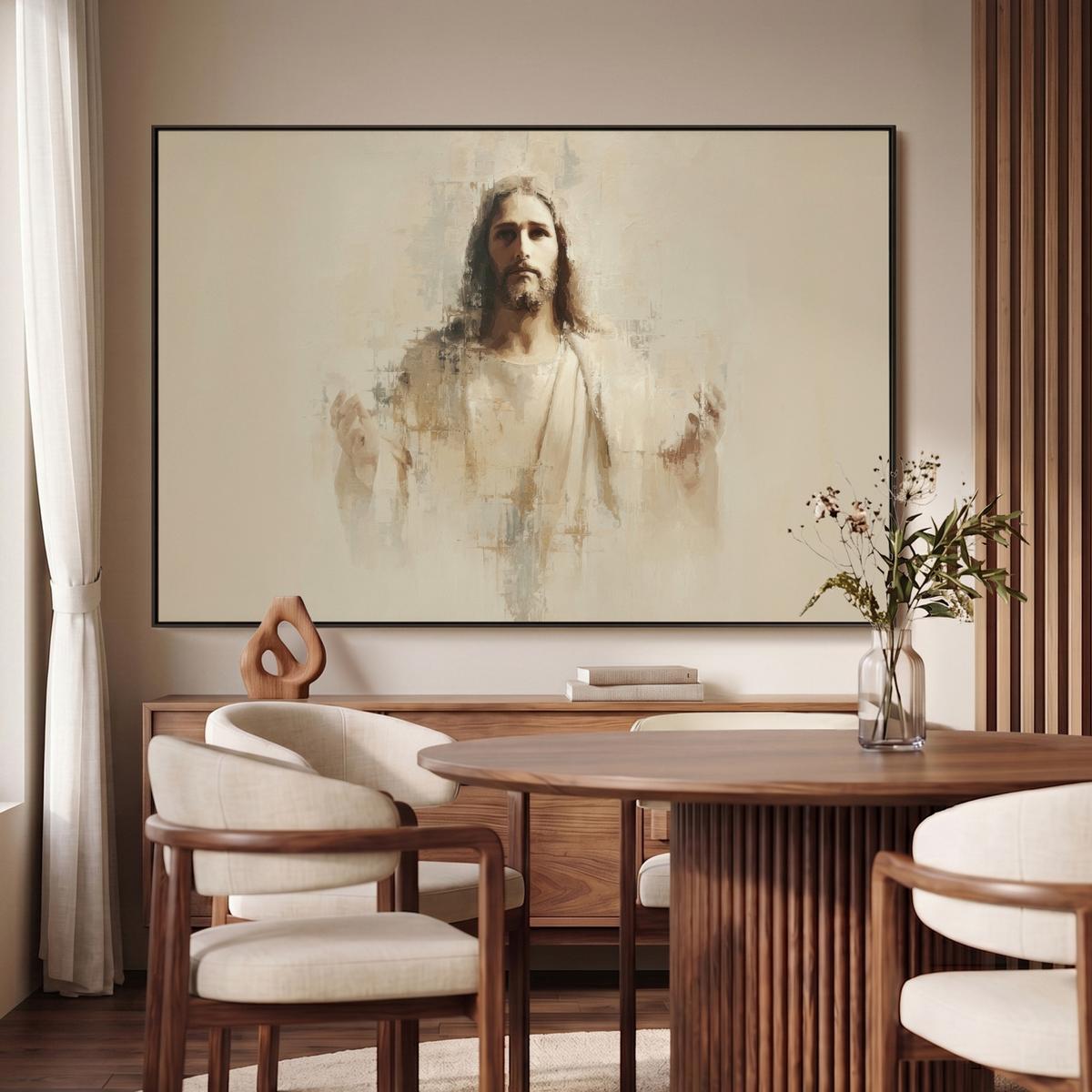 LEINWAND Bilder mit Rahmen - Porträt - Abstrakt - Jesus - Beige - 140x90 - Beige, Textil (140/90cm) - MuchoWow