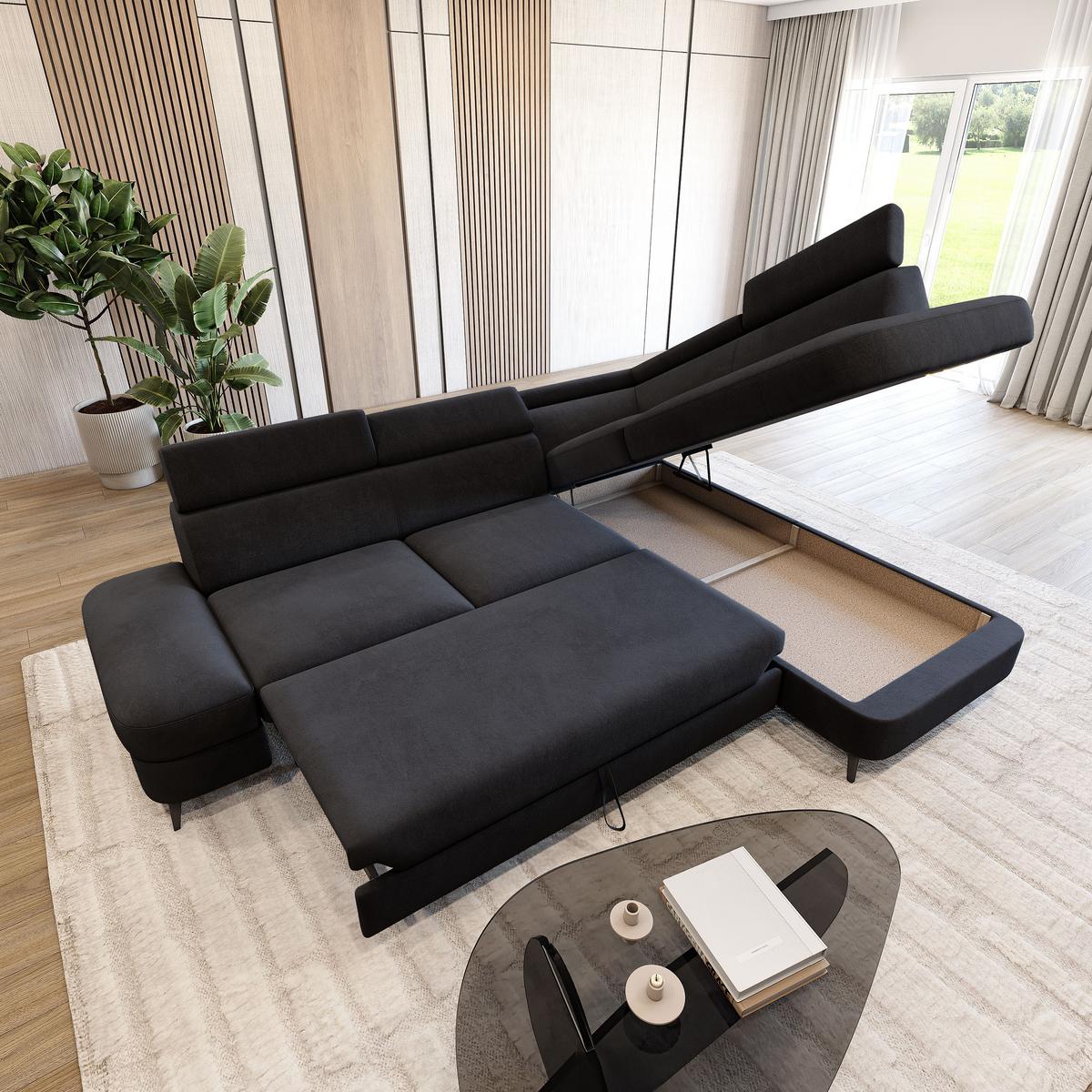 ECKSOFA AVISE MV R-S Schwarz Velours-Stoff mit Schlaffunktion - Schwarz, Holzwerkstoff/Textil (268/195cm) - MASSENO